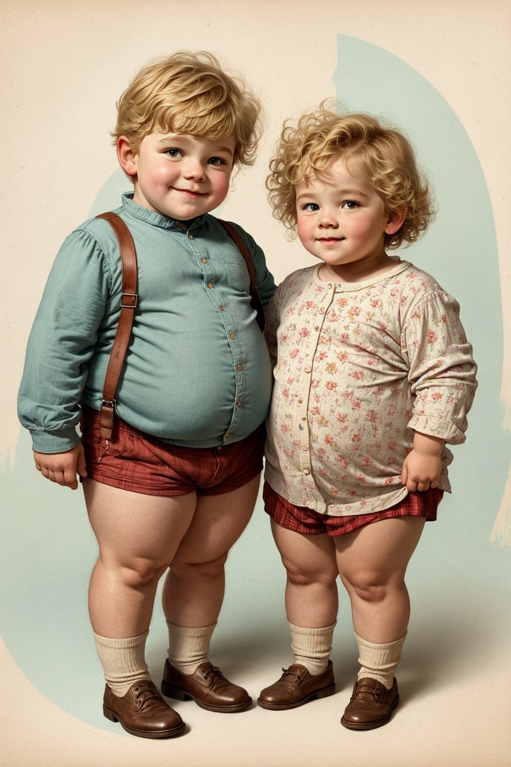 Chubby kids with blonde hair, vintage cartoon