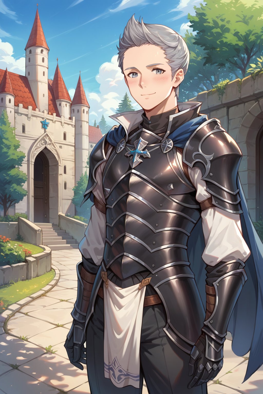 (score_9, score_8_up:1.1), score_7_up, source_safe, kippuart, silasfe, 1boy, solo, grey hair, grey eyes, black armor, short cape, loincloth, pants, smile, blush, portrait, looking at viewer, outdoors, castle