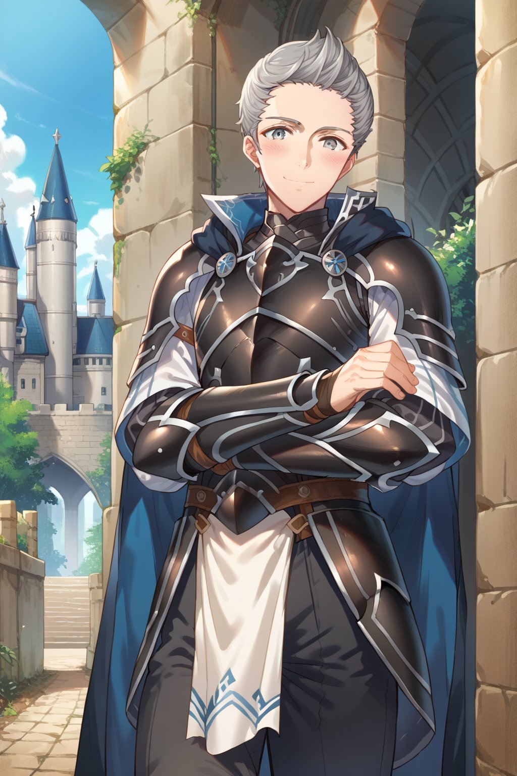 (score_9, score_8_up:1.1), score_7_up, source_safe, kippuart, silasfe, 1boy, solo, grey hair, grey eyes, black armor, short cape, loincloth, pants, smile, blush, portrait, looking at viewer, outdoors, castle