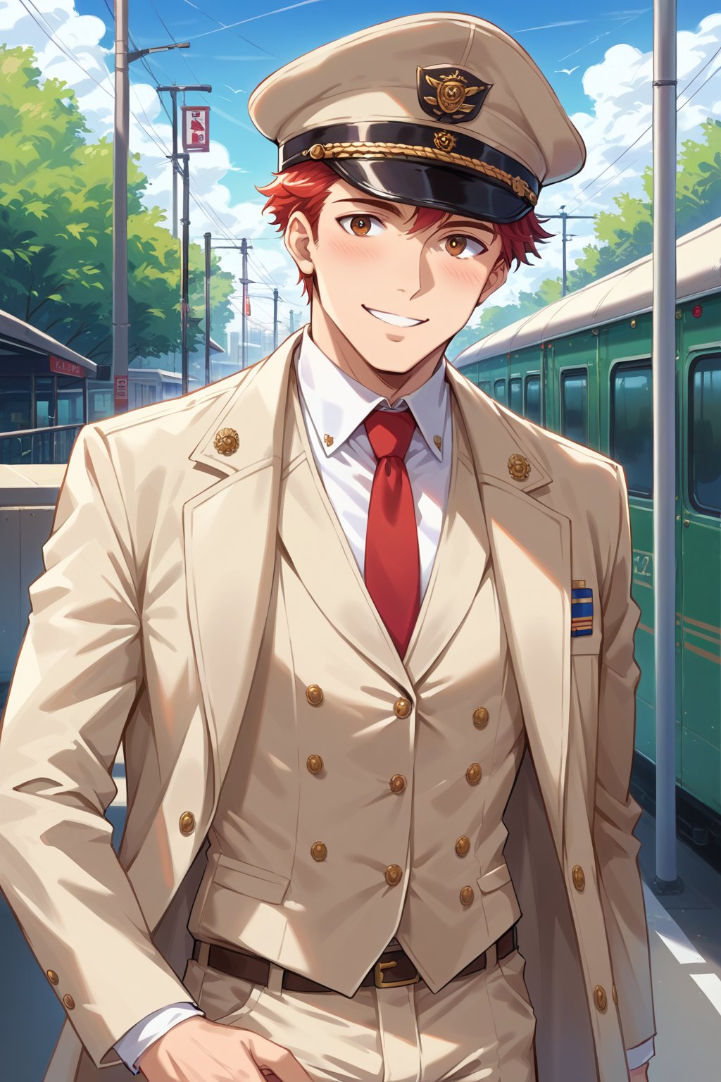 (score_9, score_8_up:1.1), score_7_up, source_safe, kippuart, youngconductor, man, solo, mature, tall, red hair, hat, uniform, beige suit, vest, red necktie, beige pants, smile, blush, portrait, looking at viewer, outdoors, antique train