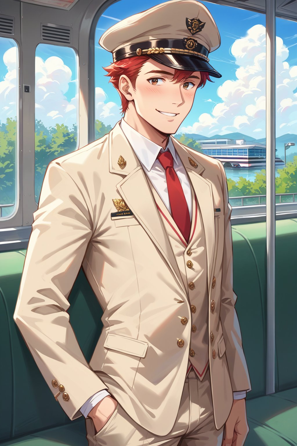 (score_9, score_8_up:1.1), score_7_up, source_safe, kippuart, youngconductor, man, solo, mature, tall, red hair, hat, uniform, beige suit, vest, red necktie, beige pants, smile, blush, portrait, looking at viewer, outdoors, antique train