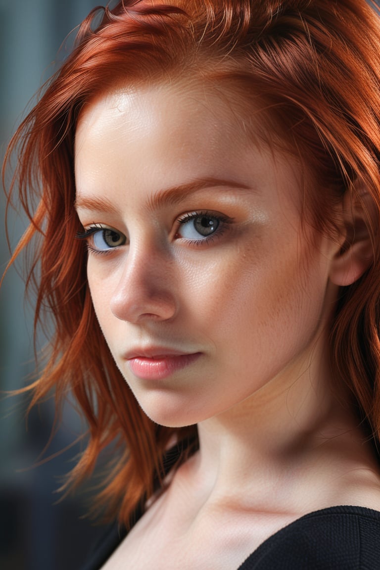 professional photograph of a redhead young woman indoors, headshot,
hyperrealistic, masterpiece, 8k, trending on artstation, centerfold, hazy atmosphere,
18yo, 1girl, profile,more detail XL  ,1girl,yoko