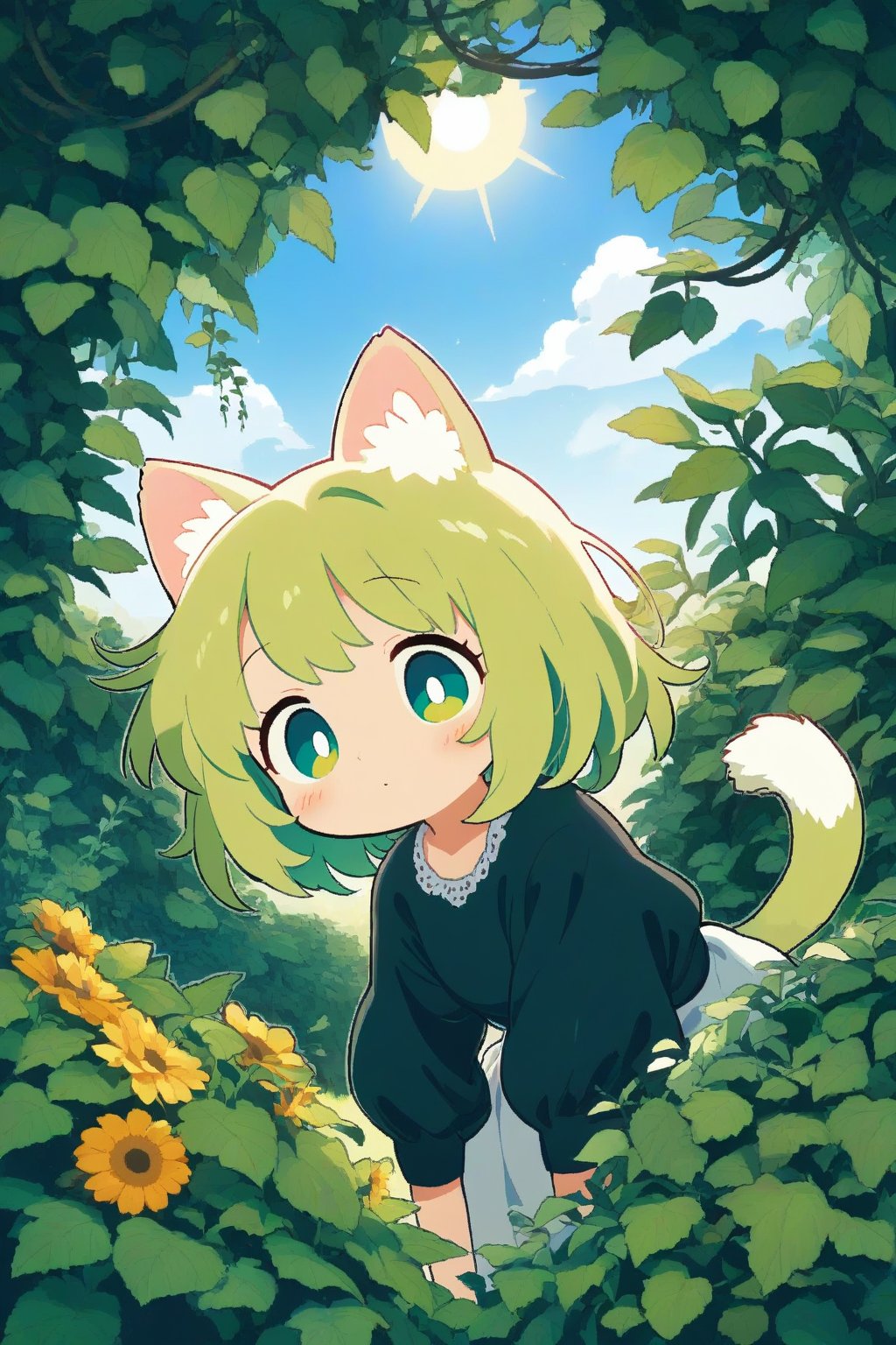 1girl,cat ear,tail,  flower,  plant,  vines,  leaves,  green hair,  green eyes,  morning,  sunshine,  blue sky,close up