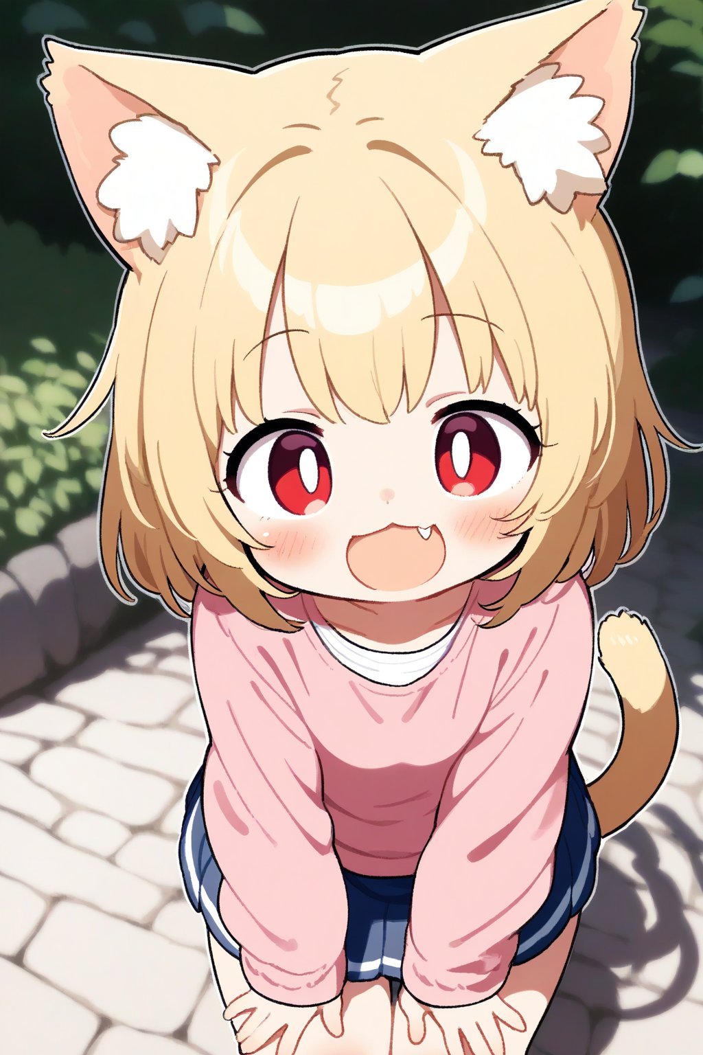 1girl,cat ear,tail, blonde, red eyes, skirt, outdoor,close up, age down, fang , :d