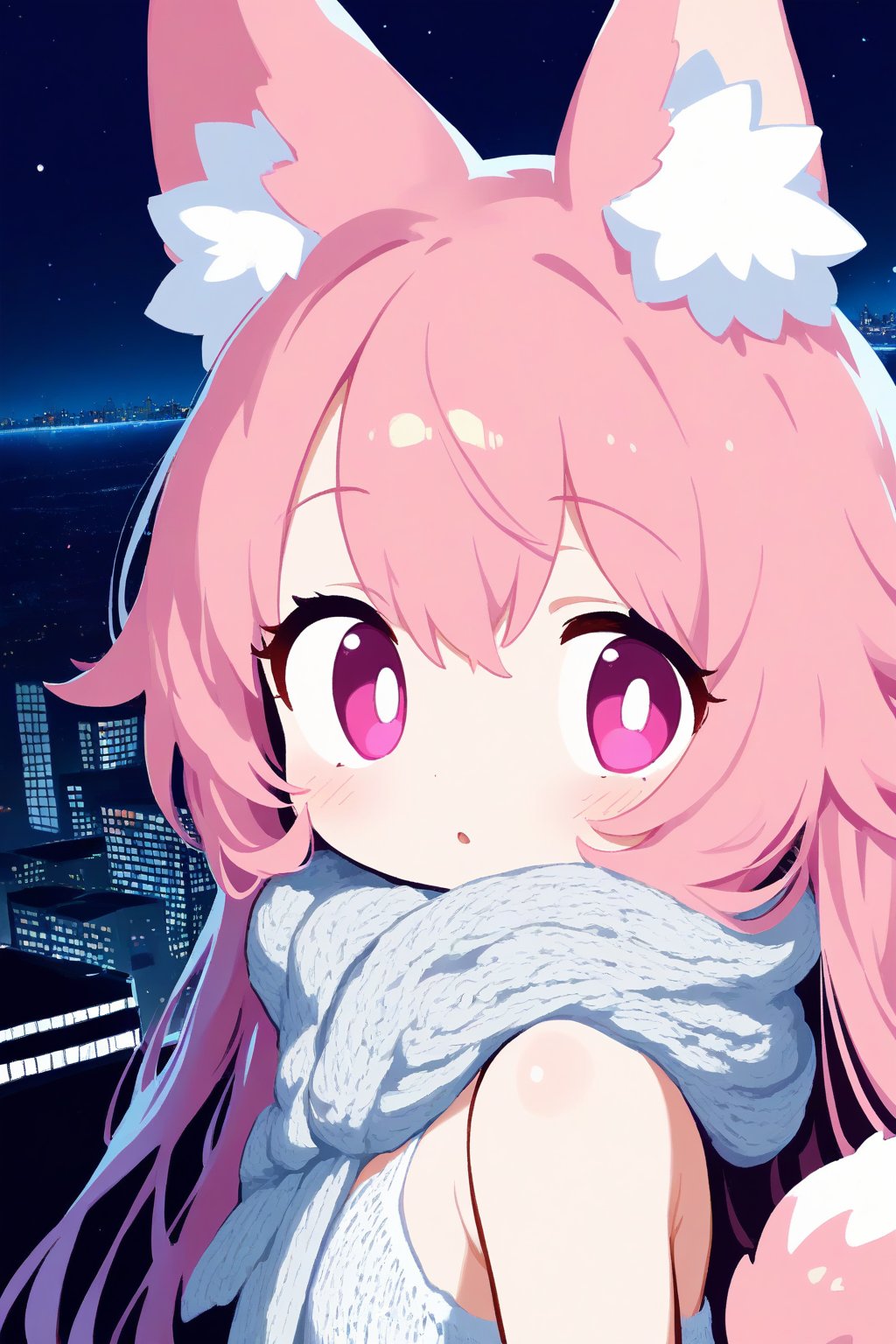 1girl,  animal_ears,  tail,  city,  night,  light,  long hair,  pink_hair,  pink eyes,close up