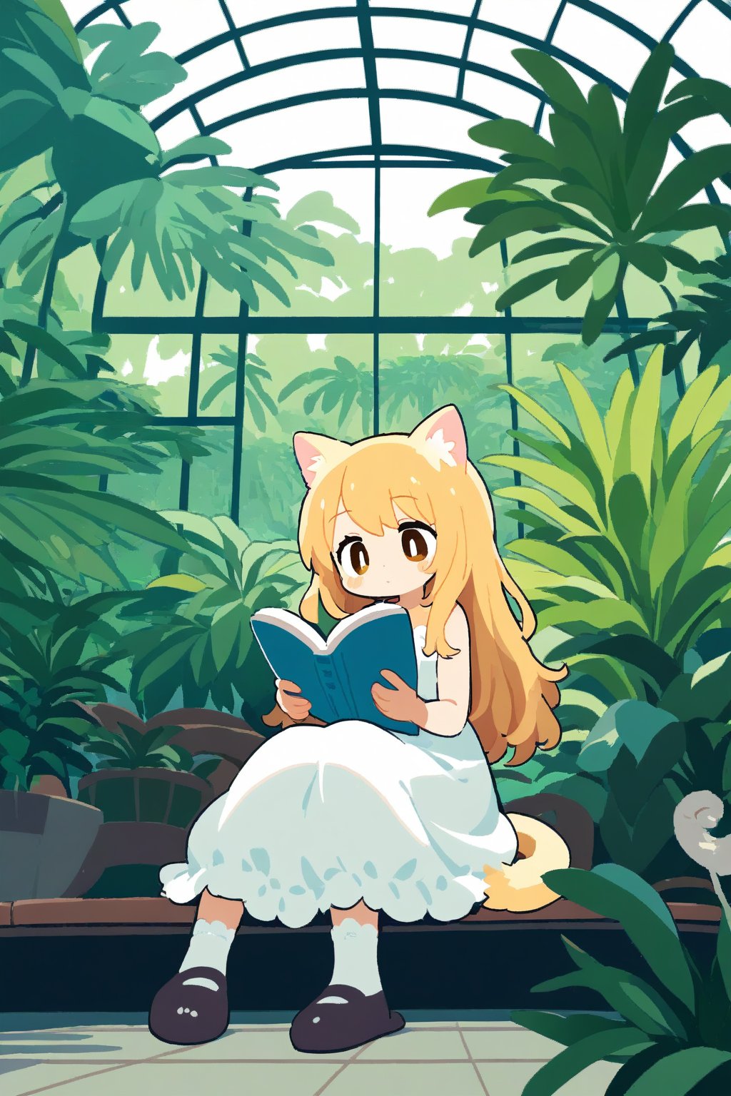 1girl, cat ear, tail,blond hair, long hair, botanical garden, greenhouse, floor-to-ceiling windows, reading, tropical plants, garden, white tulle, sitting,close up