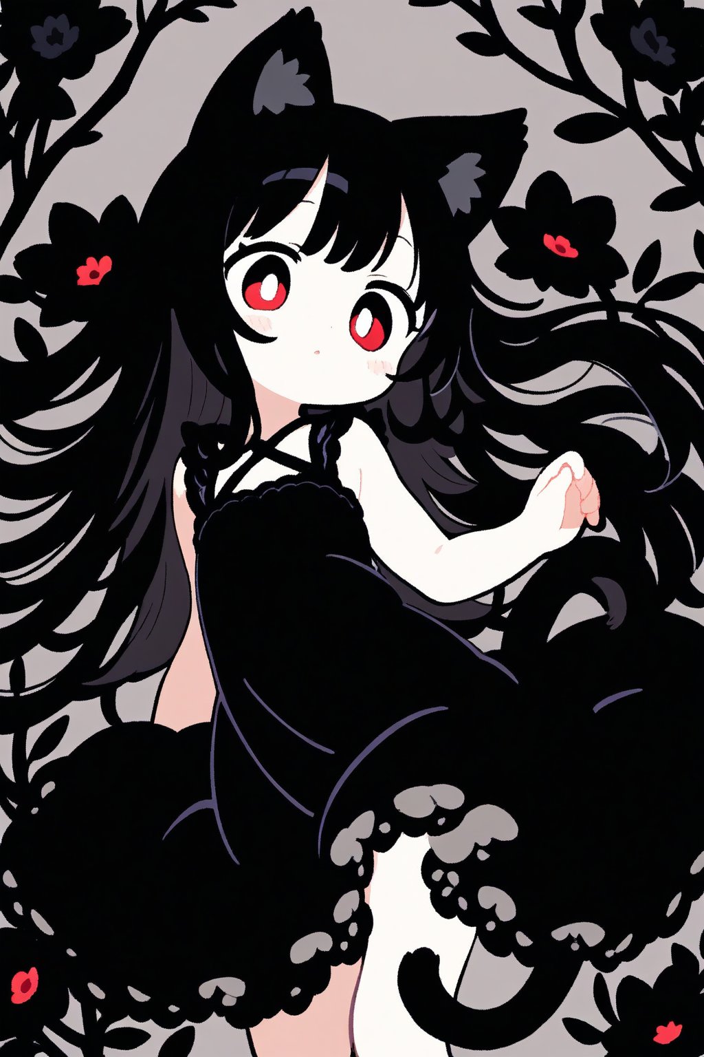 1girl, black hair, long hair, red eye, (many black flower:1.2), Front View, cute style, black dress, cat ear, tail