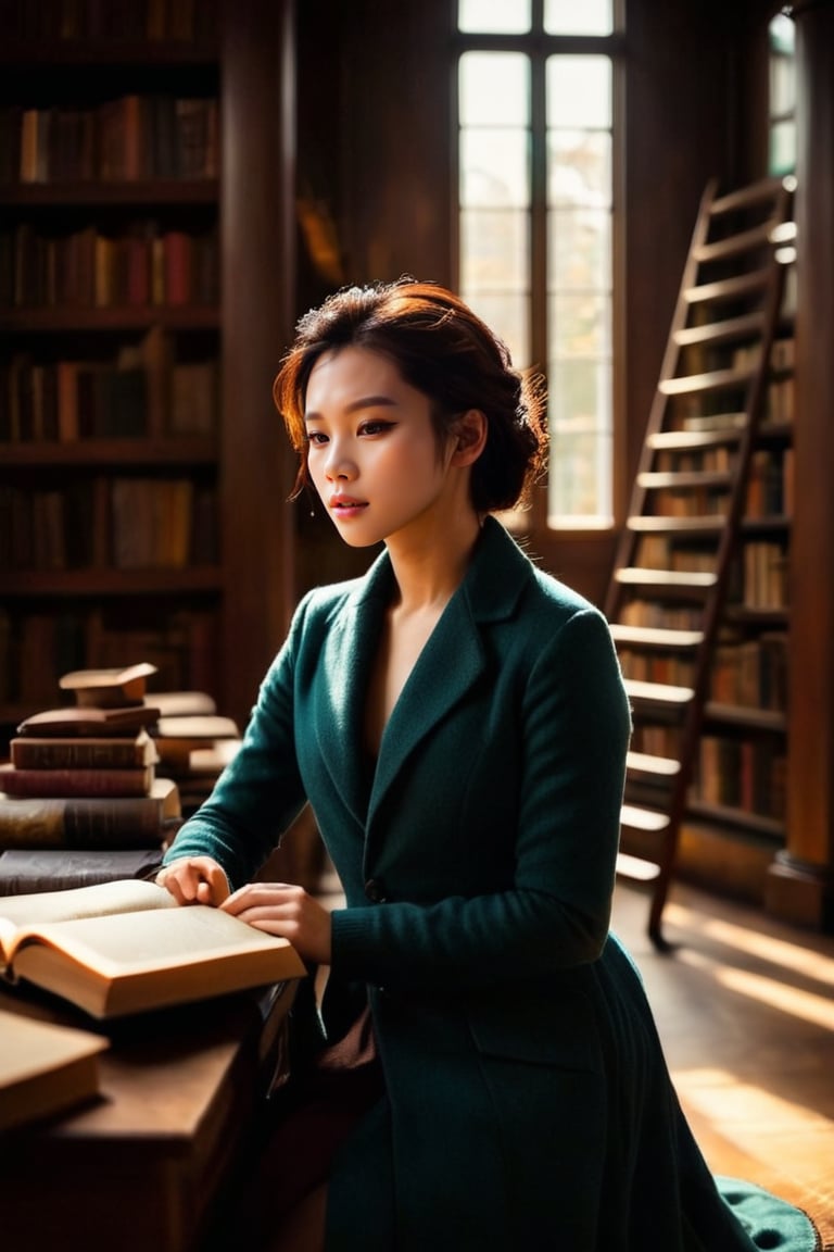 HQ photography, closeup portrait, sharp focus, bokeh background, high contrast, In a serene, cinematic setting, a lovely, young woman, reminiscent of Angeline, sits in an antique university library, looking at the book, Degas-like attention to detail captures every curl and curve of her body. In the background, an antique library full of books and ladders is bathed by the afternoon sun rays, creating a sense of depth and atmosphere. The overall effect is stunning, with cinematic flair, masterpiece, shines brightly on ArtStation, trending for all to admire.,dark academia outfit, brown teal color palette, Rembrandt Lighting Style,darkacademia,photorealistic,tweed blazer, collar shirt, beret,Kodak Motion Picture Film Style, ohwx woman, ohwx,vivian_hsu