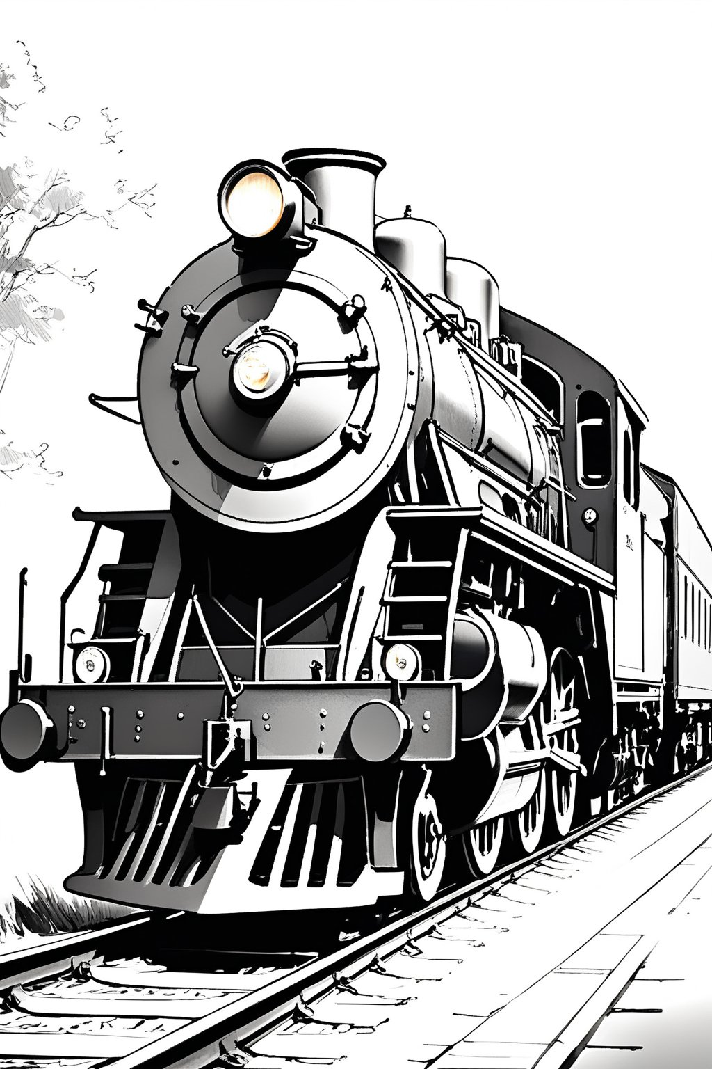 machine, no humans, locomotive, locomotive, locomotive, from side,  train, engine drawings, detailed, impressive picture, ((monochrome)), gray scale, greyscale, ((Pencil sketch)), professional style, detailed image, ((masterpiece quality: 2)), attractive image.