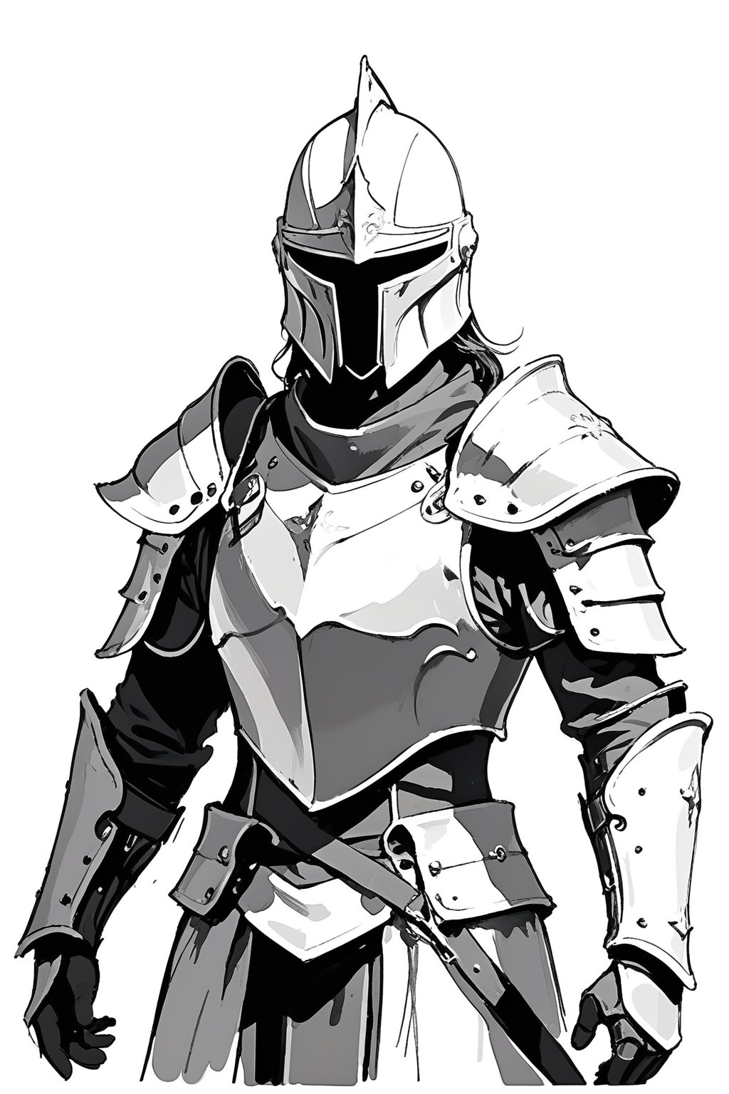 solo, simple background, 1boy, white background, upper body, weapon, male focus, armor, helmet, looking at viewer, shoulder armor, gauntlets, pauldrons, breastplate, knight, full armor, helm, ((monochrome)), gray scale, greyscale, ((Pencil sketch)), professional style, detailed image, ((masterpiece quality: 2)), attractive image. 