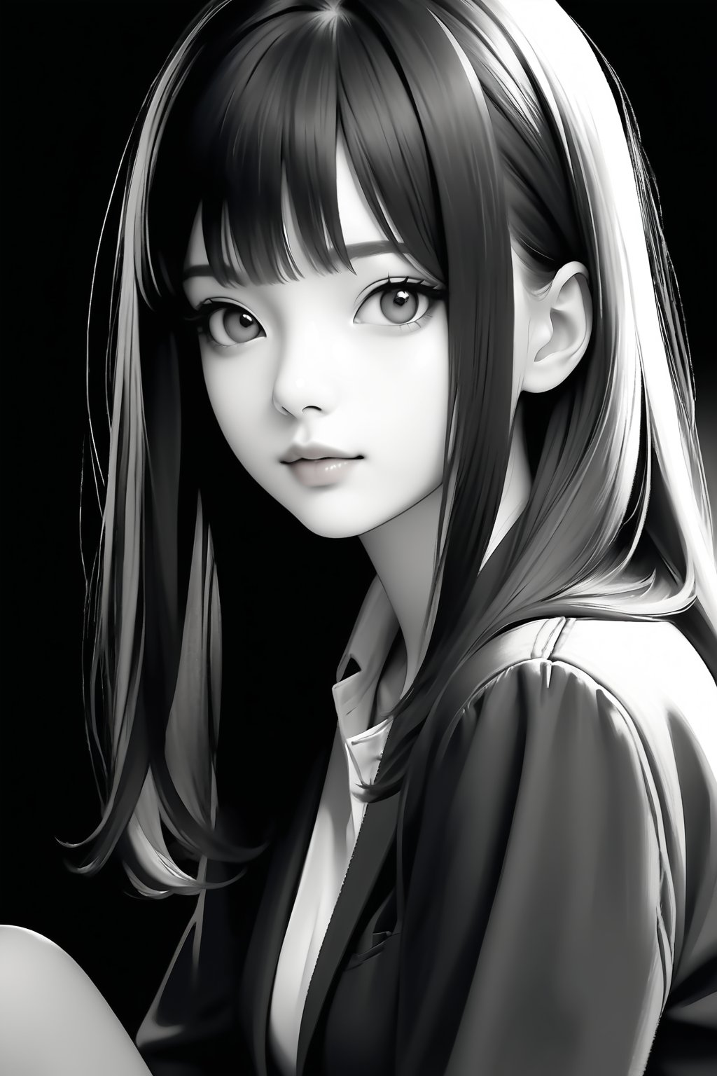 1girl, solo, long hair, looking at viewer, shirt, skirt, bangs, sitting, simple background, closed mouth, upper body, lips, ((monochrome)), black background, portrait, realistic, nose, digital art, professional style, detailed image, ((masterpiece quality: 2)), attractive image.