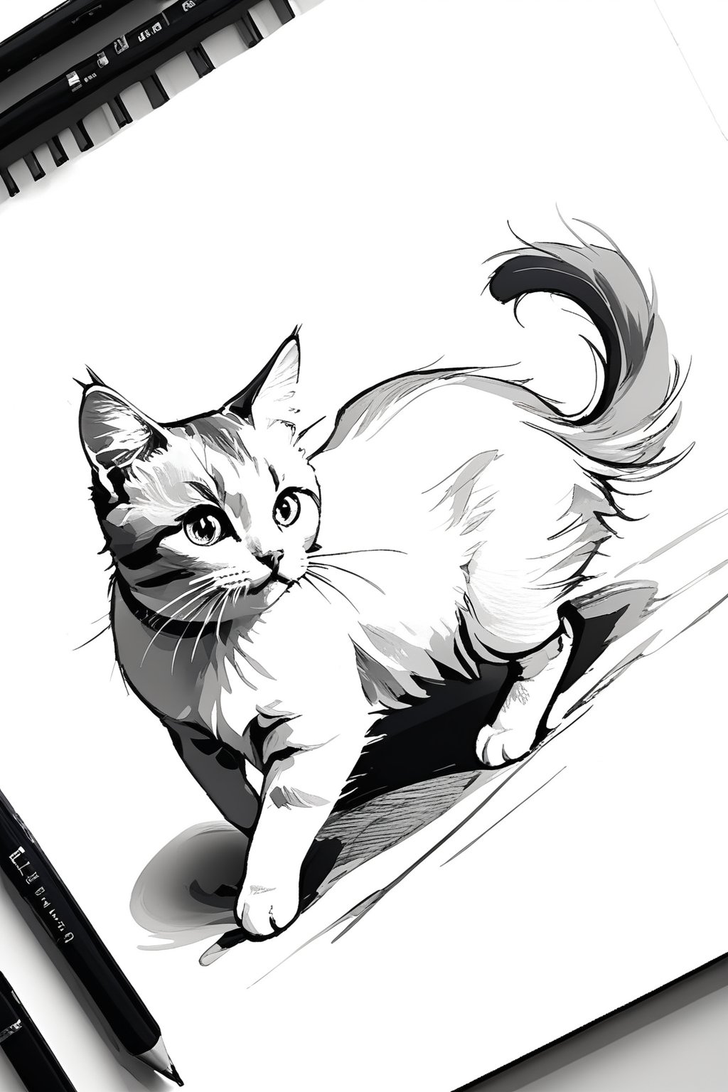 solo, looking at viewer, simple background, white background, monochrome, greyscale, no humans, animal, traditional media, cat, animal focus, whiskers, ((monochrome)), gray scale, greyscale, ((Pencil sketch)), professional style, detailed image, ((masterpiece quality: 2)), attractive image.