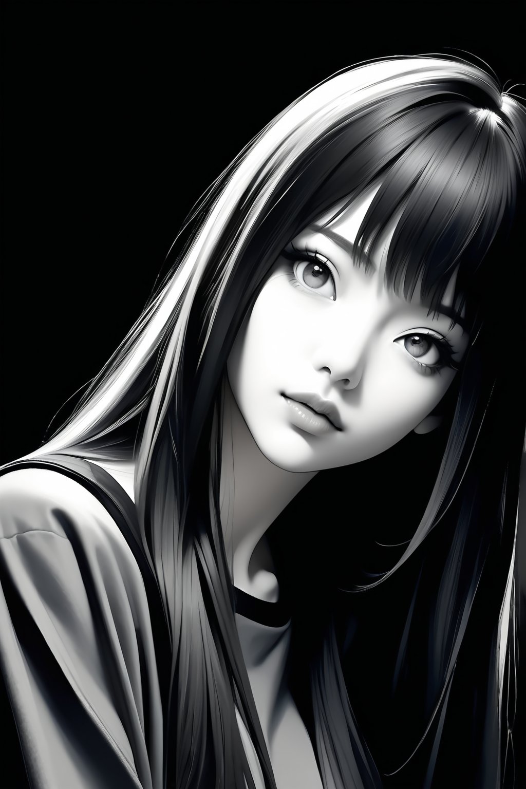 1girl, solo, long hair, looking at viewer, shirt, skirt, bangs, simple background, closed mouth, upper body, lips, monochrome, black background, portrait, realistic, nose, digital art, professional style, detailed image, ((masterpiece quality: 2)), attractive image, reflections, Details,