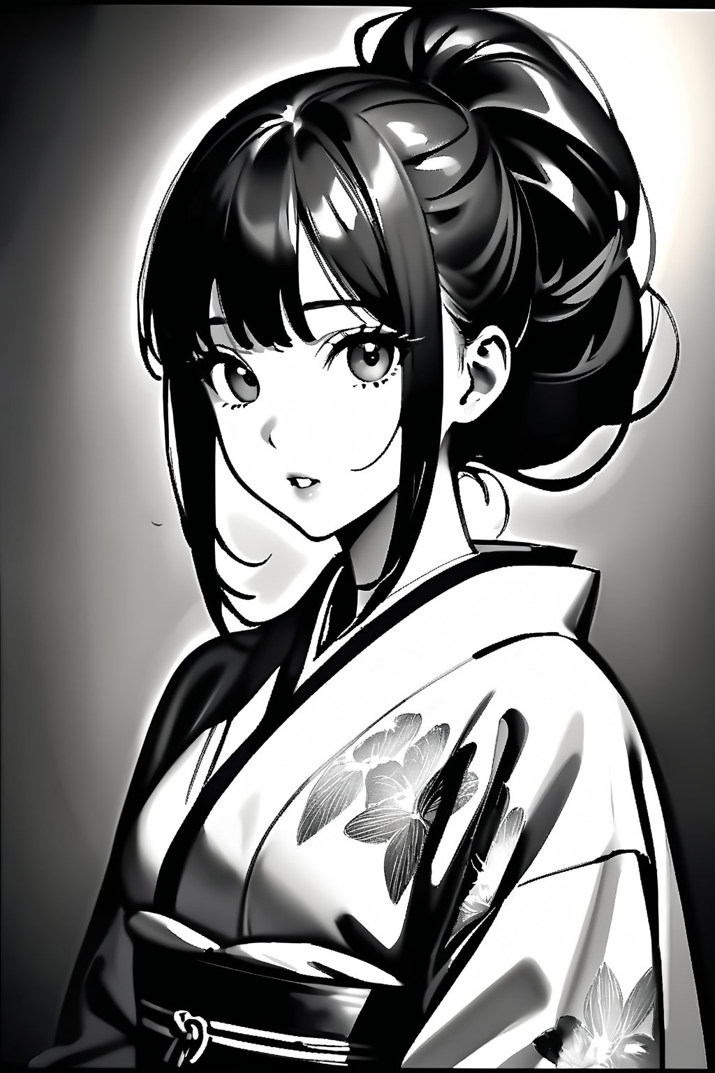 Very beautiful girl, charming girl, looking at viewer, ponytail hairstyle, monochrome, stunning image, detailed image, long hair, she wears a kimono, Sketch