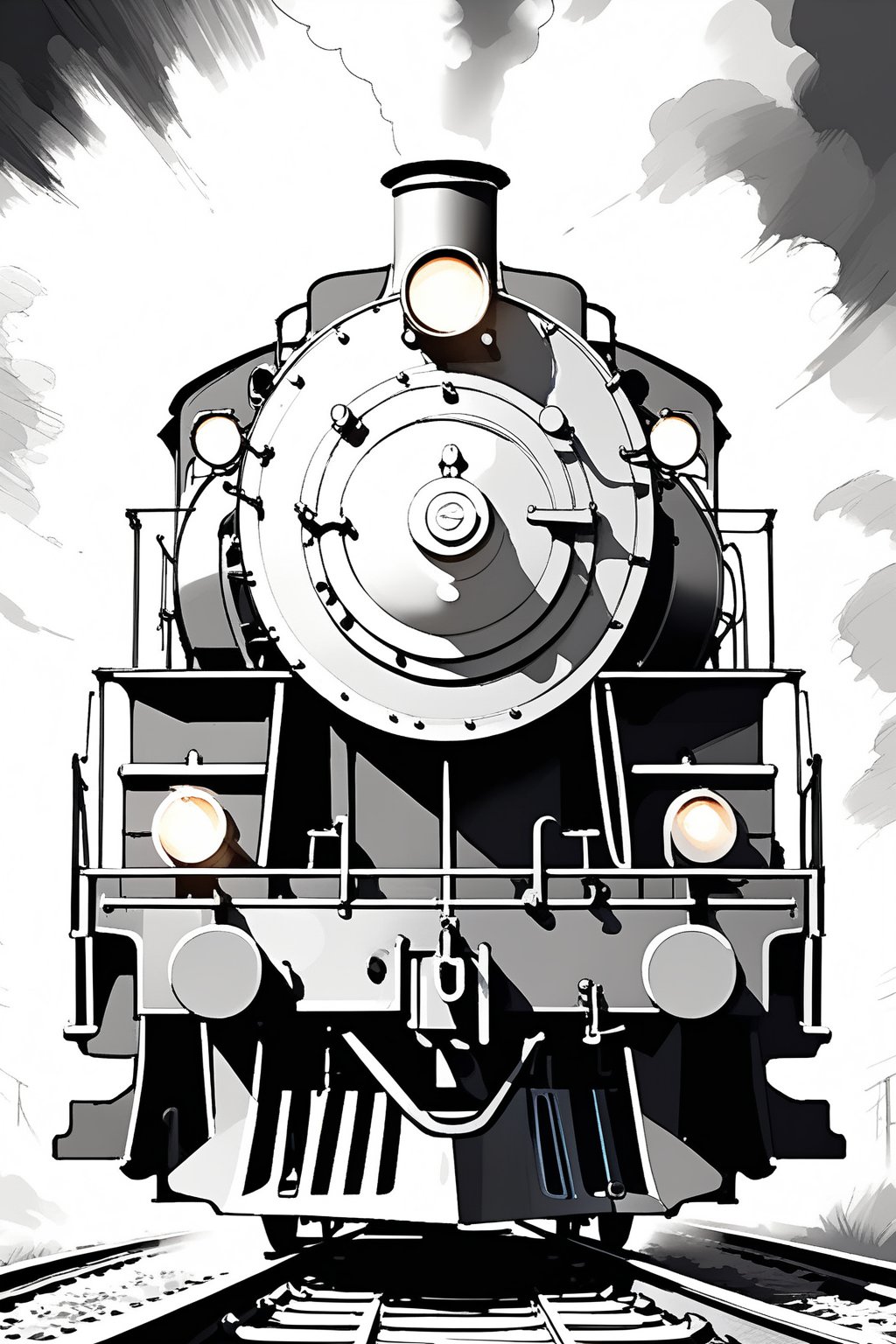 machine, no humans, locomotive, locomotive, locomotive, train, engine drawings, detailed, impressive picture, ((monochrome)), gray scale, greyscale, ((Pencil sketch)), professional style, detailed image, ((masterpiece quality: 2)), attractive image.