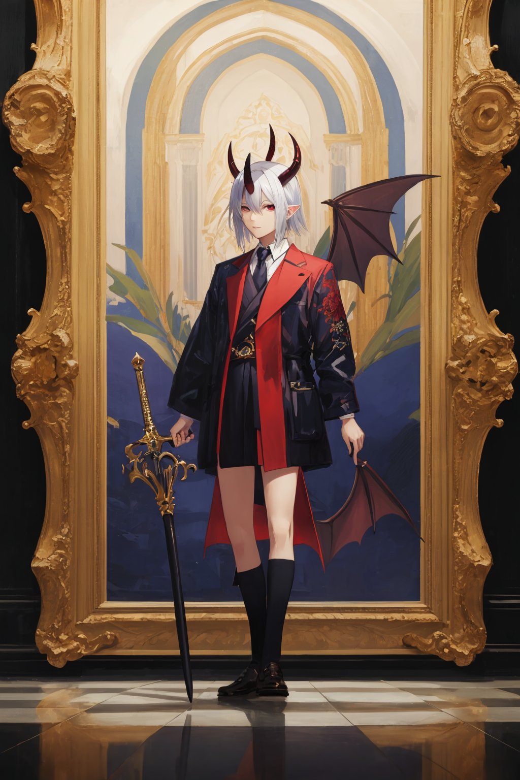 Details,Detailed Masterpiece,Reflections,looking ahead,devil_horns,weapon, full-body_portrait, demon_boy,anime,masterpiece,best quality