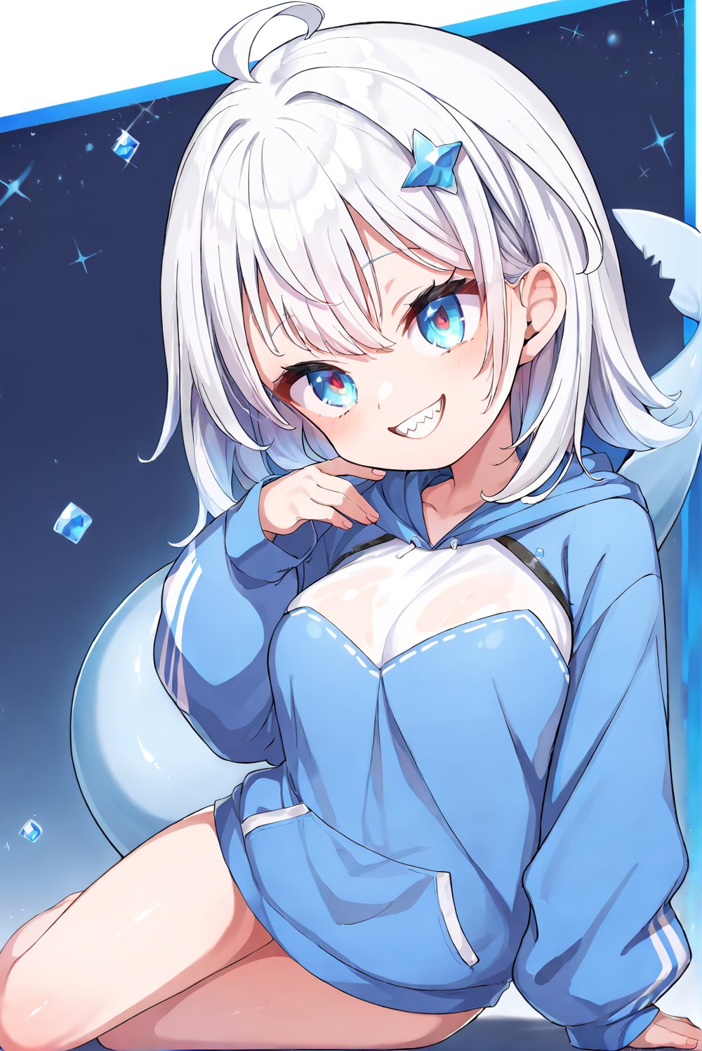 score_9_up, score_8_up, score_7_up, source_anime, 1girl, beautiful detailed eyes, ((masterpiece,best quality)), solo, ((gawr gura)), virtual youtuber, gawr gura 1st costume, sharp teeths, medium hair, white hair, hair ornament,  ((hood up)), blue hoodie, shark tail, smile, curvy, head tilt