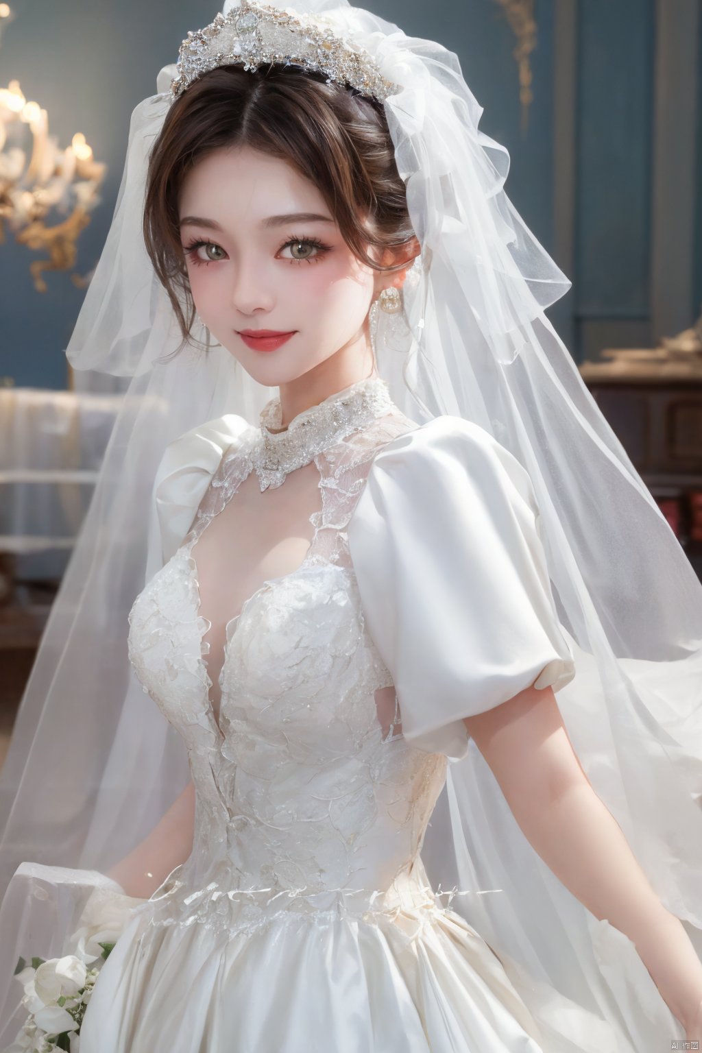  Ultra-clear 8k, real, night, smile, crown, necklace, perspective, hanger, nudity, diamonds, bridal veil, Golden wedding dress, 1 girl, ,wedding dress,MATURE FEMALE,1girl,moyou,depth of field, Asian girl