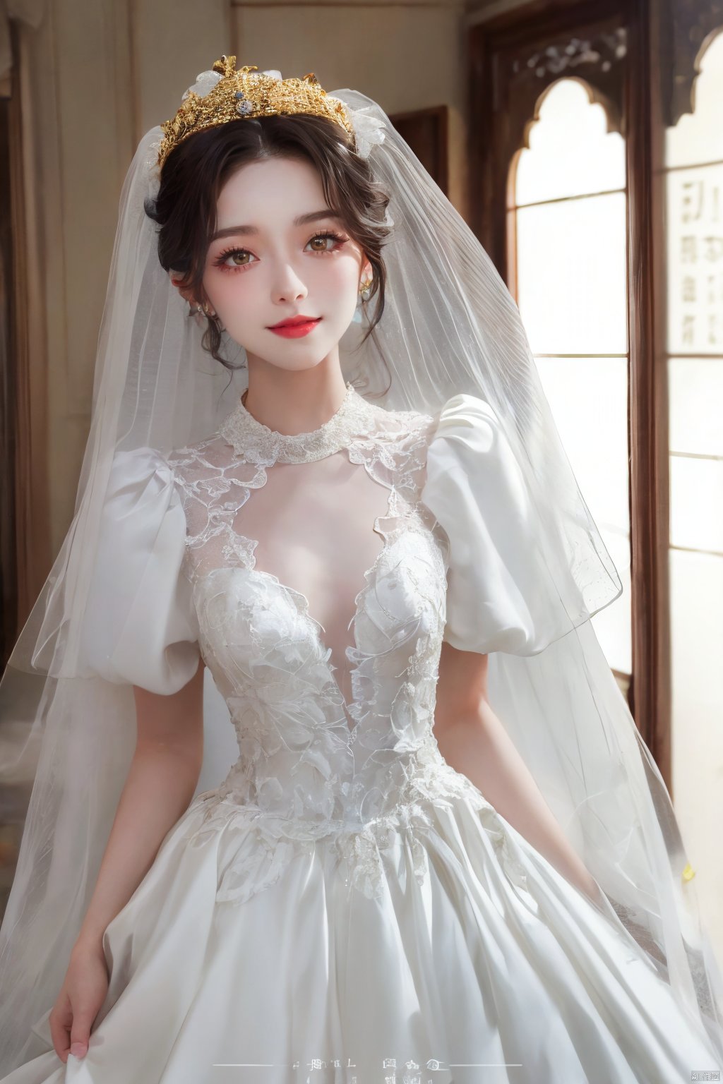  Ultra-clear 8k, real, night, smile, crown, necklace, perspective, hanger, nudity, diamonds, bridal veil, Golden wedding dress, 1 girl, ,wedding dress,MATURE FEMALE,1girl,moyou,depth of field, Asian girl