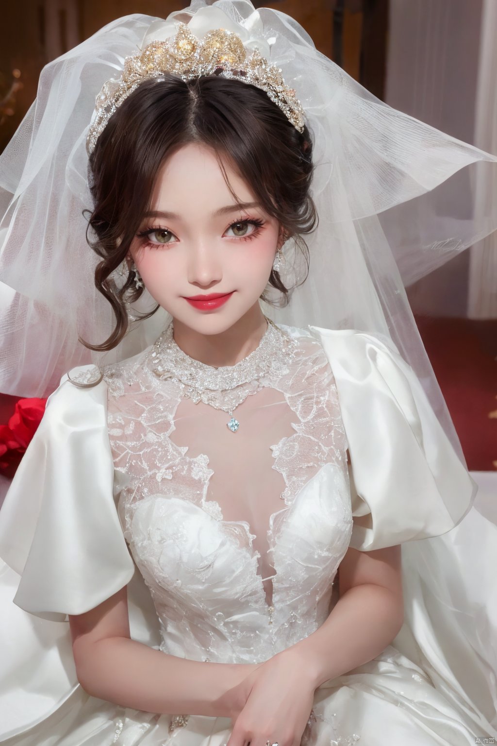  Ultra-clear 8k, real, night, smile, crown, necklace, perspective, hanger, nudity, diamonds, bridal veil, Golden wedding dress, 1 girl, ,wedding dress,MATURE FEMALE,1girl,moyou,depth of field, Asian girl