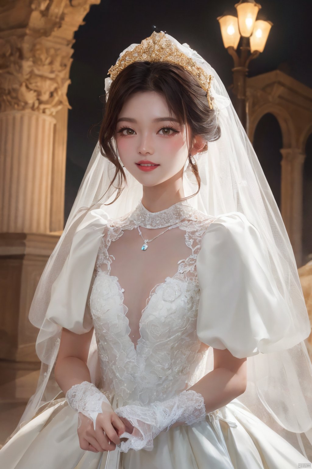  Ultra-clear 8k, real, night, smile, crown, necklace, perspective, hanger, nudity, diamonds, bridal veil, Golden wedding dress, 1 girl, ,wedding dress,MATURE FEMALE,1girl,moyou,depth of field, Asian girl