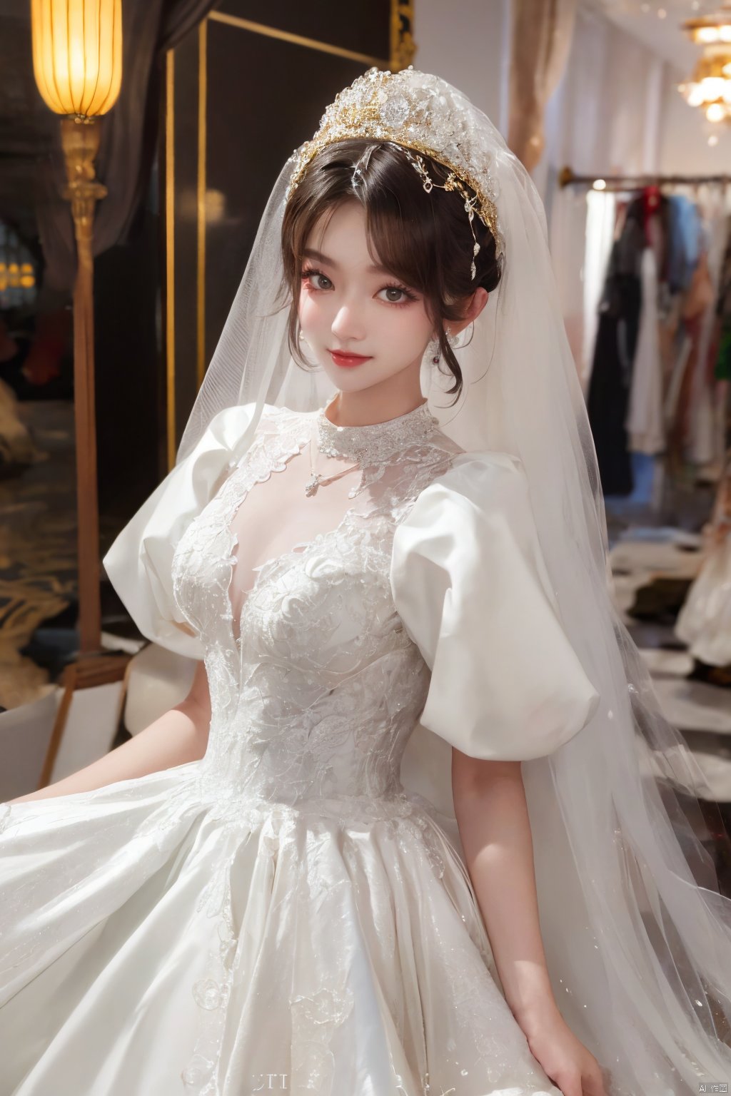  Ultra-clear 8k, real, night, smile, crown, necklace, perspective, hanger, nudity, diamonds, bridal veil, Golden wedding dress, 1 girl, ,wedding dress,MATURE FEMALE,1girl,moyou,depth of field, Asian girl