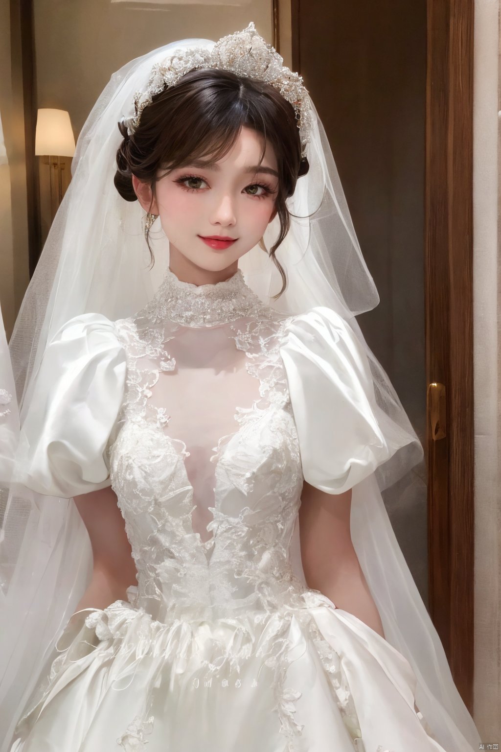  Ultra-clear 8k, real, night, smile, crown, necklace, perspective, hanger, nudity, diamonds, bridal veil, Golden wedding dress, 1 girl, ,wedding dress,MATURE FEMALE,1girl,moyou,depth of field, Asian girl