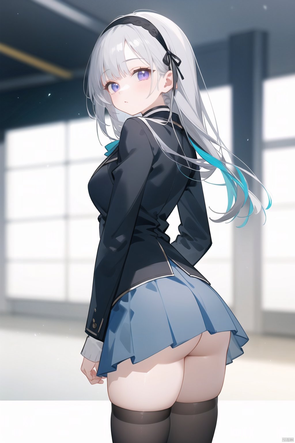 best quality ,masterpiece, illustration, an extremely delicate and beautiful, extremely detailed ,CG ,unity , Amazing, finely detail, masterpiece,best quality,official art,extremely detailed CG unity 8k wallpaper,1girl,aqua skirt,arms behind back,black hairband,black jacket,black thighhighs,blue eyes,blurry,blurry background,from behind,grey hair,hairband,jacket,long hair,looking at viewer,looking back,purple eyes,shirt,skirt,solo,thighhighs,two-tone eyes,white shirt,