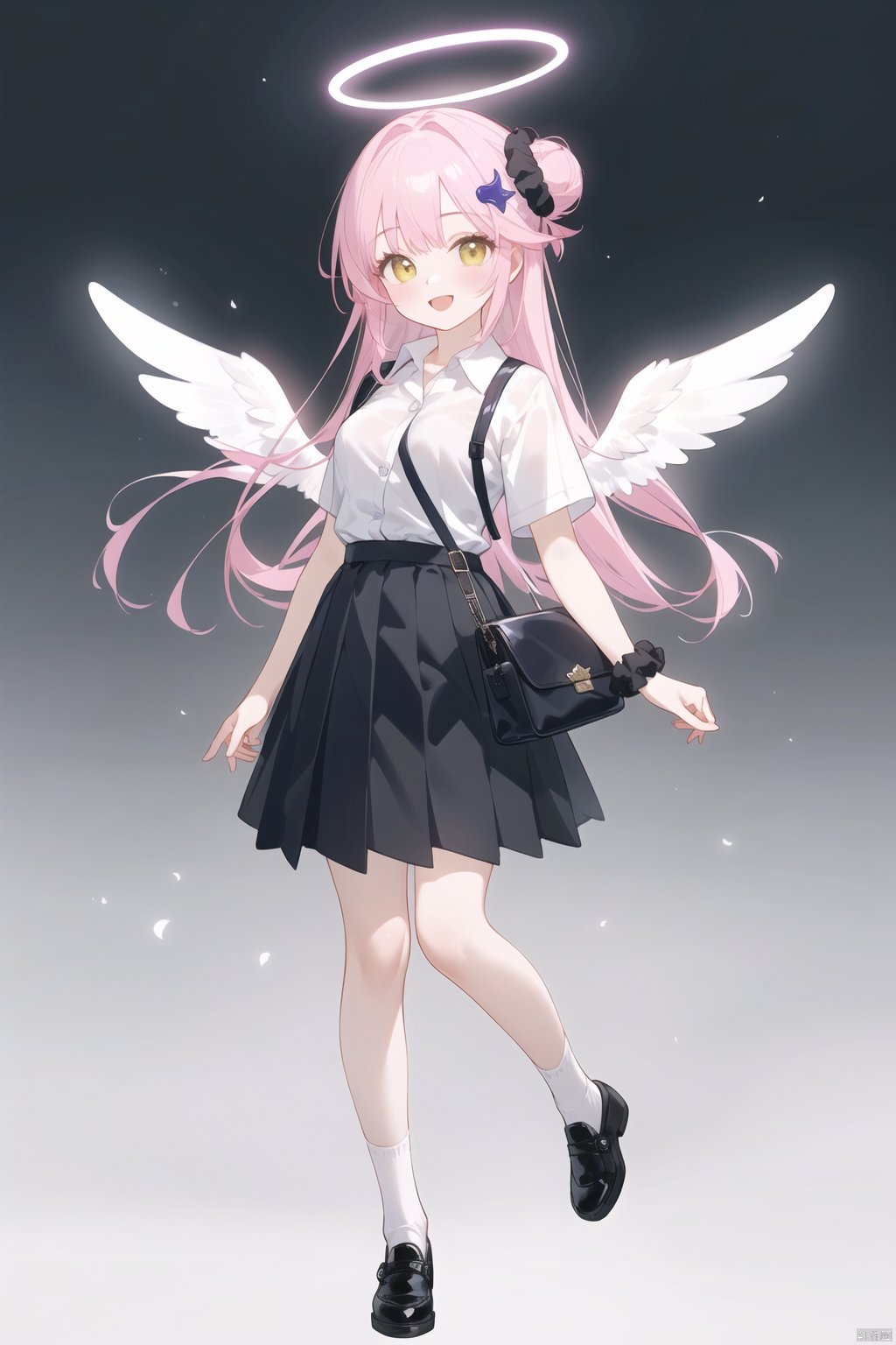 best quality ,masterpiece, illustration, an extremely delicate and beautiful, extremely detailed ,CG ,unity , Amazing, finely detail, masterpiece,best quality,official art,extremely detailed CG unity 8k wallpaper,1girl,angel wings,bag,black footwear,black scrunchie,black skirt,blush,buttons,collared shirt,crescent,crescent pin,feathered wings,flower,full body,hair bun,hair flower,hair ornament,halo,long hair,looking at viewer,open mouth,pink hair,pink halo,pleated skirt,purple flower,scrunchie,shirt,shoes,short sleeves,shoulder bag,single side bun,skirt,smile,socks,solo,white shirt,white socks,white wings,wings,wrist scrunchie,yellow eyes,zoom layer,