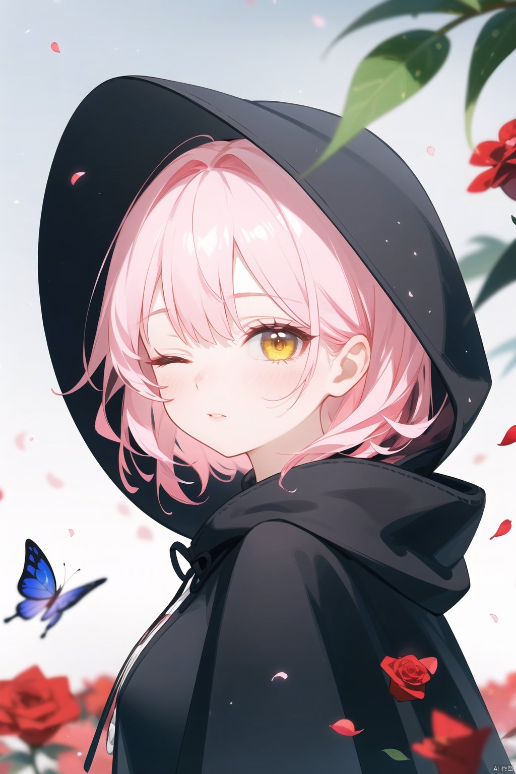 best quality ,masterpiece, illustration, an extremely delicate and beautiful, extremely detailed ,CG ,unity , Amazing, finely detail, masterpiece,best quality,official art,extremely detailed CG unity 8k wallpaper,1girl,black cloak,blurry,blurry background,bug,butterfly,cloak,closed mouth,day,expressionless,falling petals,fire,flower,from side,hood,hood down,insect,leaf,light,lips,looking at viewer,medium hair,one eye closed,petals,pink hair,red butterfly,red flower,red petals,red rose,rose,solo,upper body,yellow eyes,