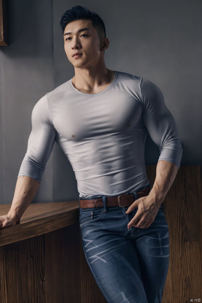 jzns,hly,wak,1man,asian,male focus,handsome,delicate face,muscular,translucent shirt,armband,belt,watch,jeans,sitting,(in cafe),soft lighting,full crotch,masterpiece,realistic,best quality,highly detailed,,