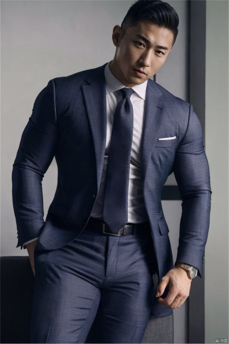 jzns,hly,wak,1man,asian,male focus,handsome,delicate face,muscular,suit,shirt,necktie,armband,belt,watch,business  pants,sitting,in office,full crotch,masterpiece,realistic,best quality,highly detailed,, jznszz