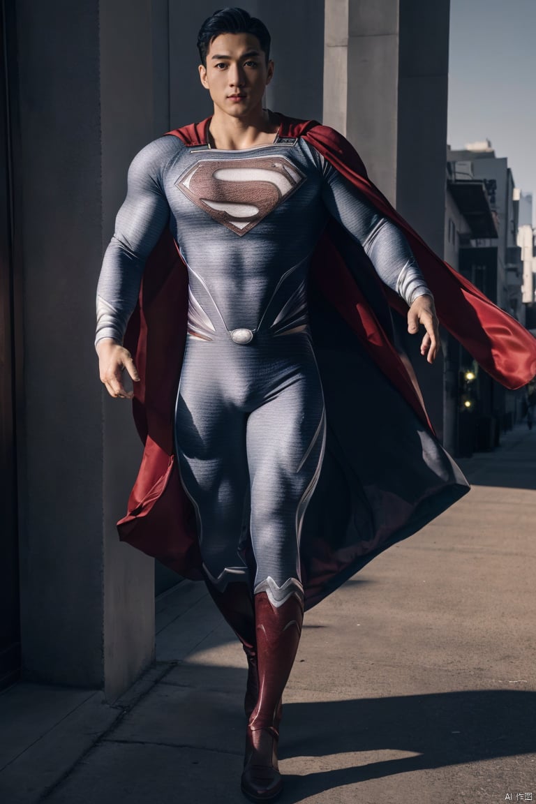 jzns,hly,wak,1man,asian,male focus,handsome,delicate face,muscular,(superman white bodysuit,military white knee boots,red cape),outdoors,street,golden hour lighting,walking,full body,masterpiece,realistic,best quality,highly detailed