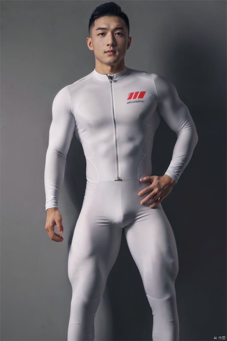 jzns,wak,1man,handsome,glossy white bikesuit,asian,realistic,bulge,full body,,,bikesuit