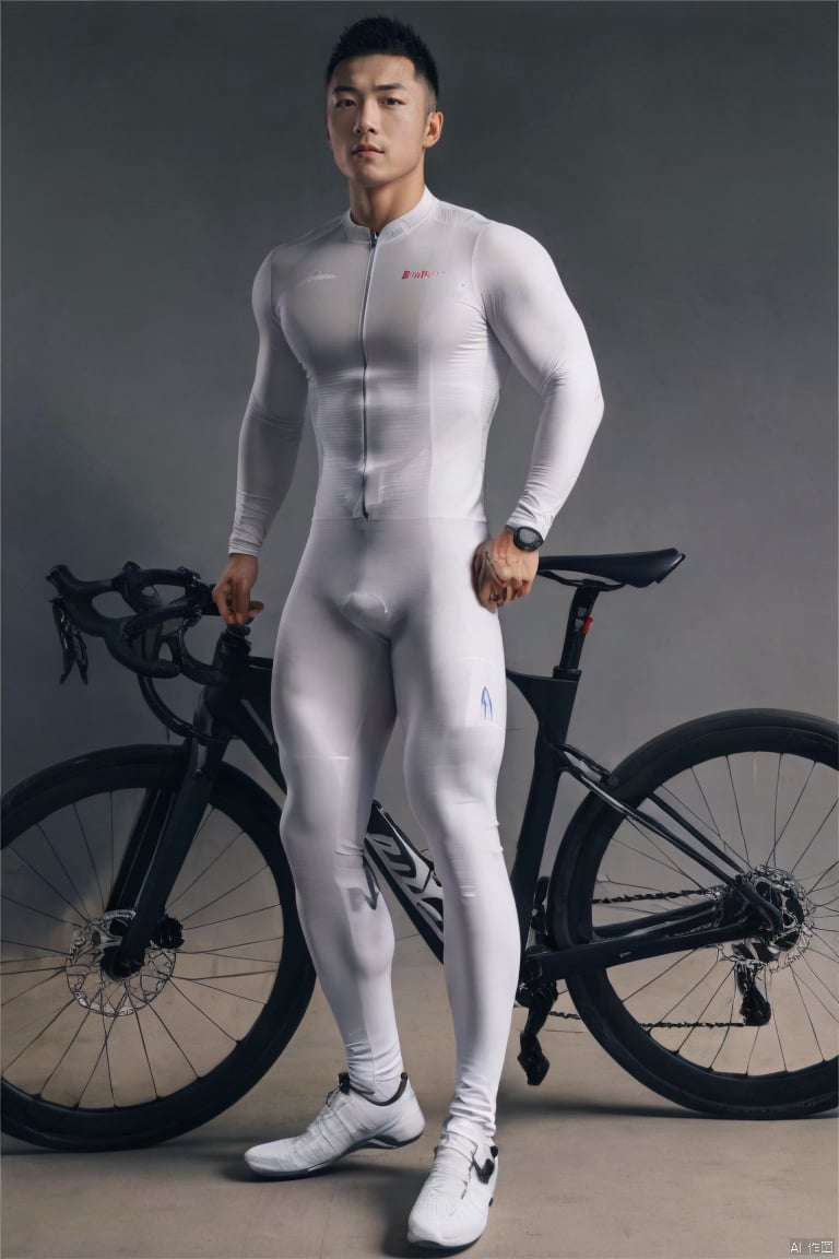 jzns,wak,1man,handsome,white bikesuit,asian,realistic,bulge,full body,,,bikesuit