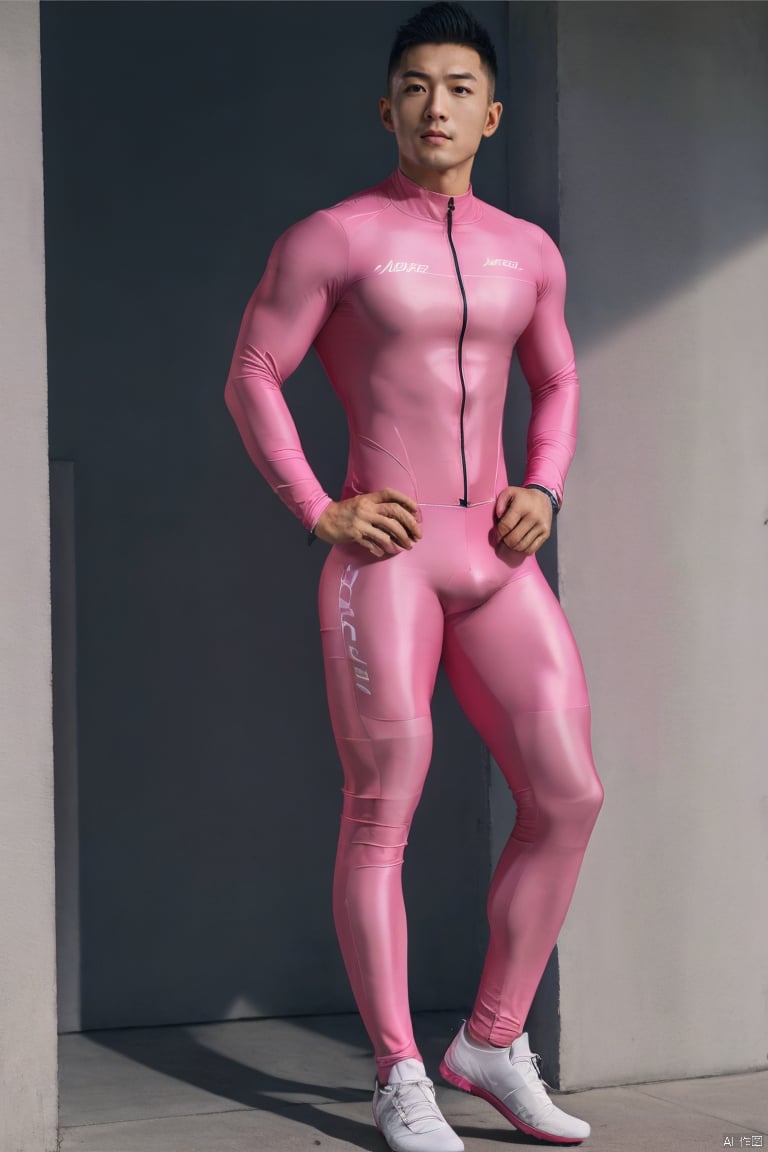 jzns,wak,1man,handsome,glossy pink bikesuit,asian,realistic,bulge,full body,,,bikesuit