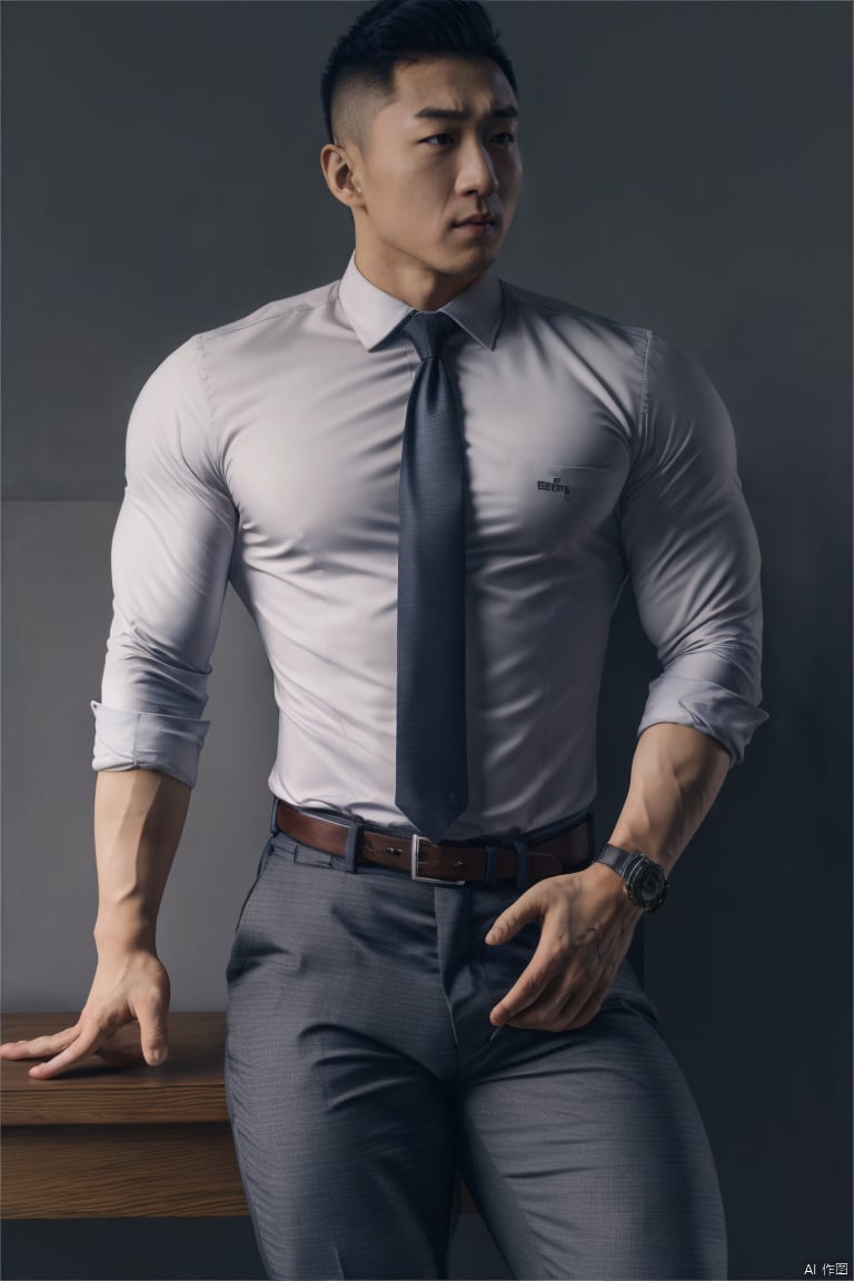 jzns,hly,wak,1man,asian,male focus,handsome,delicate face,muscular,shirt,necktie,armband,belt,watch,business  pants,sitting,in office,full crotch,masterpiece,realistic,best quality,highly detailed,,