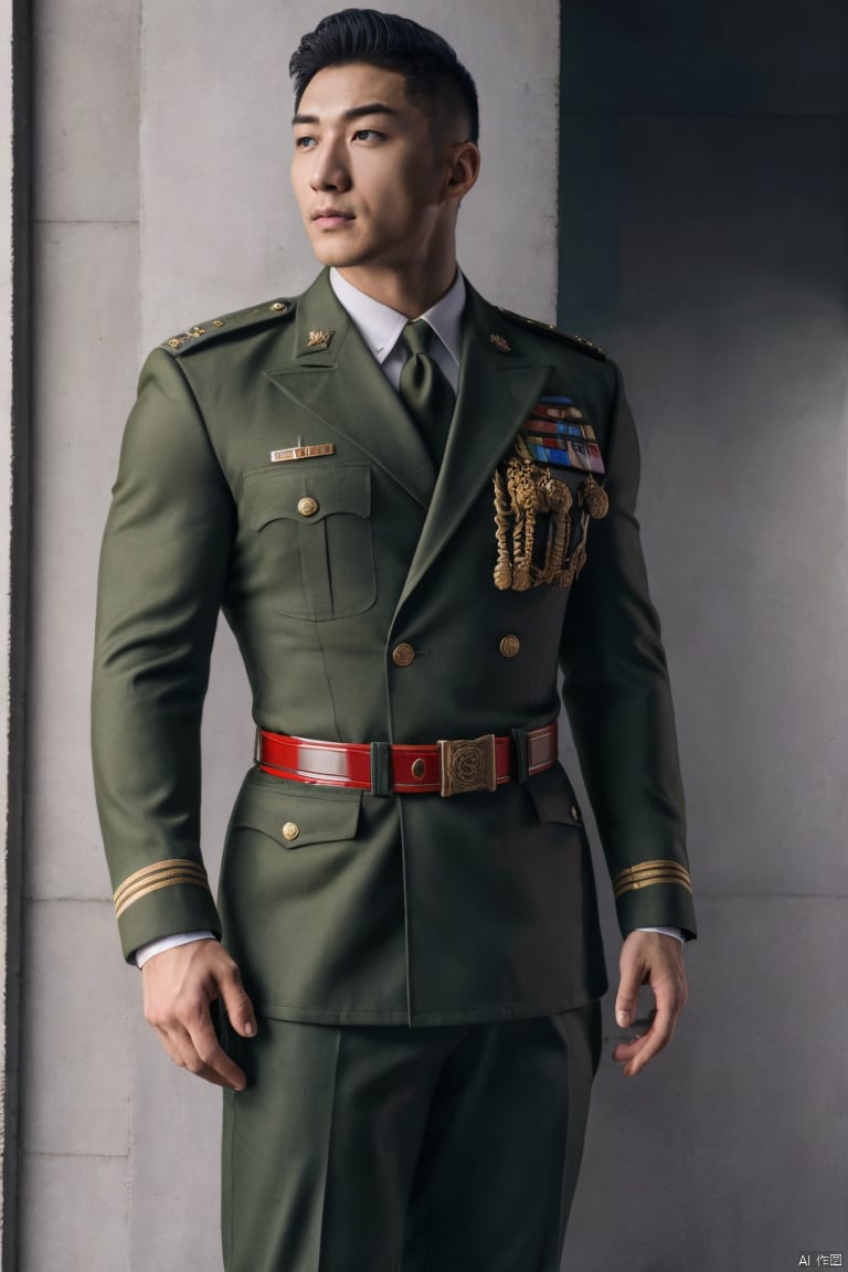 jzns,hly,wak,1man,asian,male focus,handsome,delicate face,muscular,anzio_military_uniform,watch,outdoors,street,full crotch,masterpiece,realistic,best quality,highly detailed,, jznszz