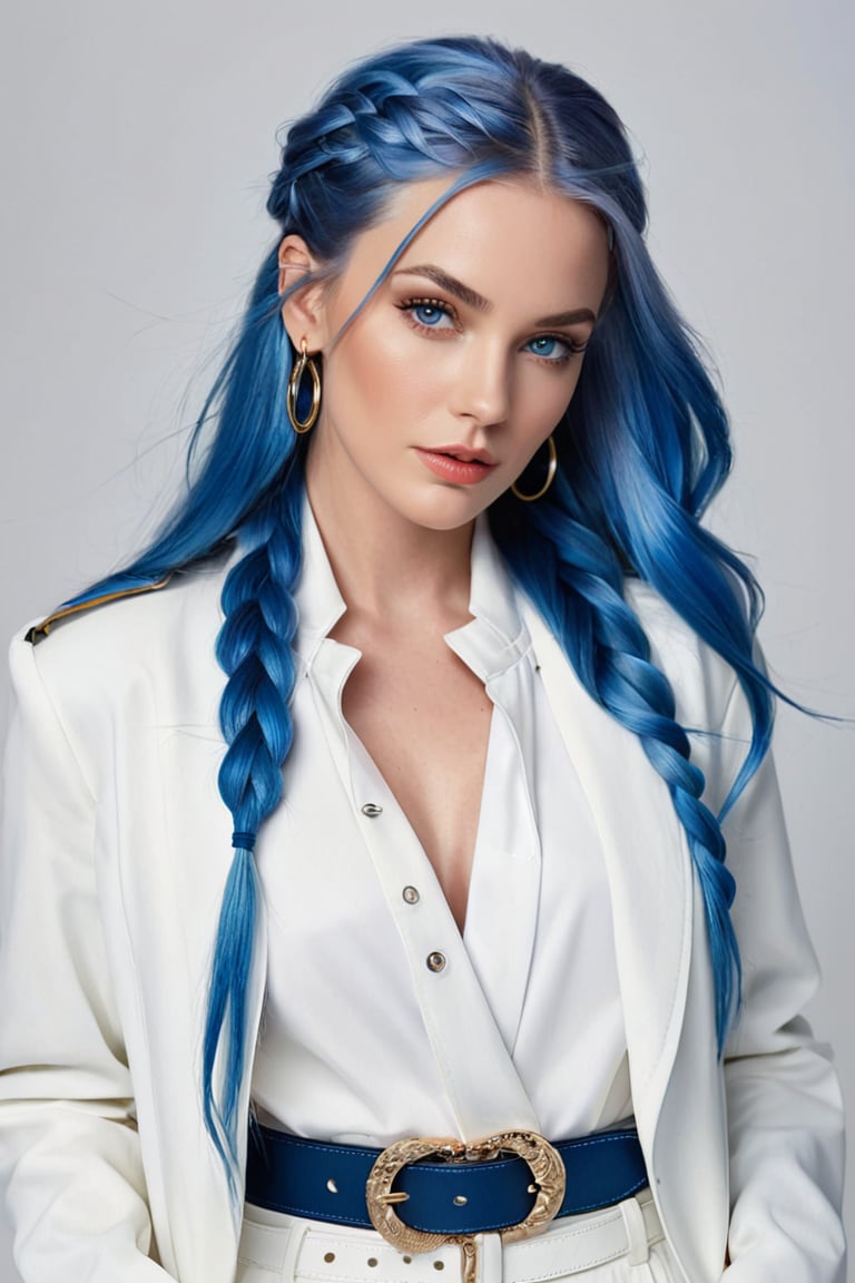 Generate hyper realistic image of a woman with long, flowing blue hair cascading over her shoulders, her piercing blue eyes locked onto the viewer with intensity. She stands confidently, wearing a stylish white jacket with long sleeves, complemented by a braided belt and matching pants. Adorned with subtle makeup and nail polish, she exudes an air of sophistication, with hoop earrings framing her face.