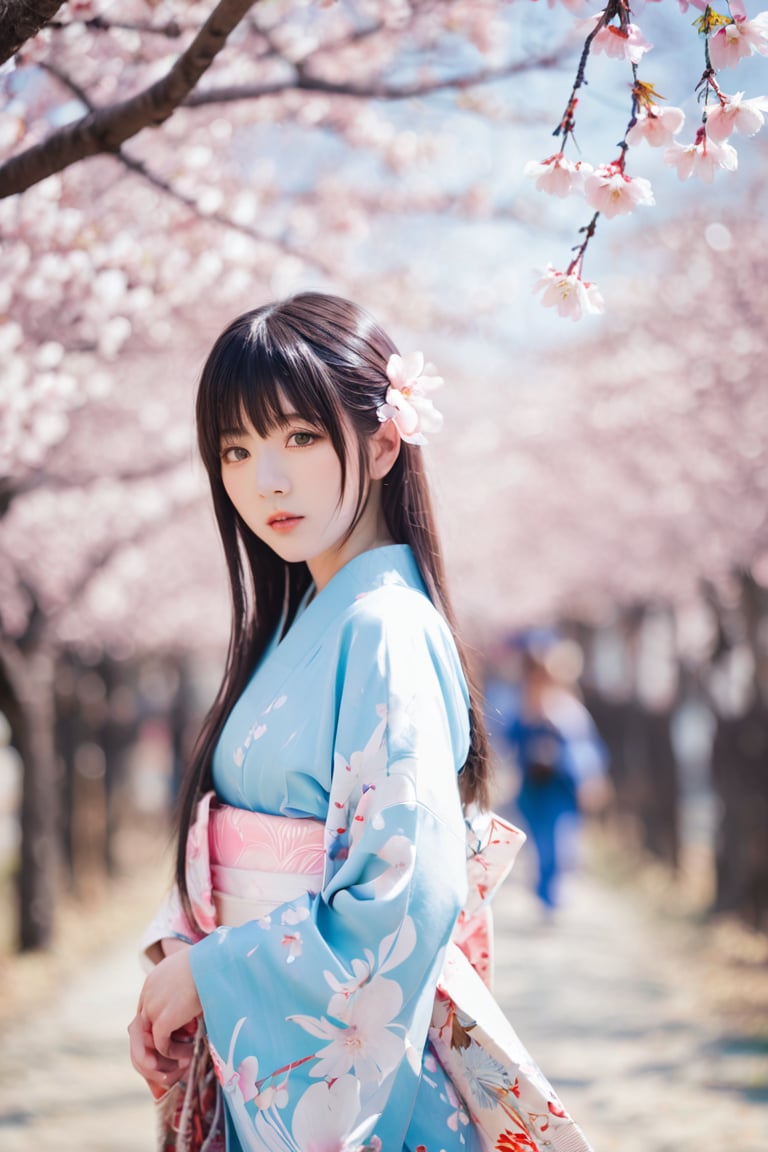 1girl, sexy, female, 18 years old, mysterious beautiful girl, black long straight hair, blunt bangs, turime, sparkling eyes, kimono, promenade, cherry blossom trees, clear sky, movie lighting, soft focus, excessive overexposure, airy photo,