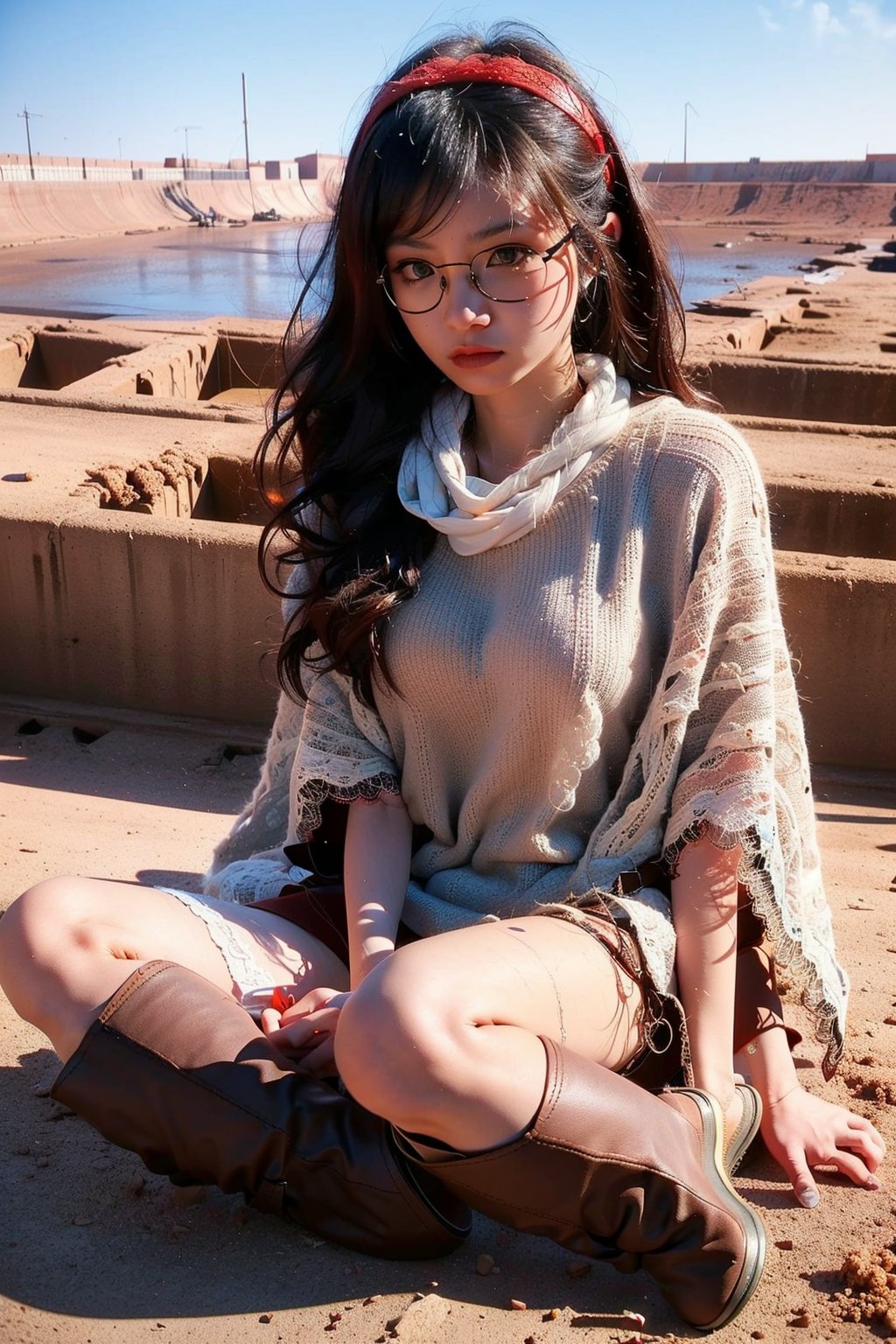 One 18yo beautiful girl ,(glasses:1.3) ,slightly smile ,(wearing lace indian poncho and boots and hairband:1.5), over sized eyes, drawn action: (the girl must be sitting around a barren red earth wasteland dam:1.4),(The wind blows her long hair:1.4), cowboy shot,perfect lighting ,perfect shadow ,,HDR,white skin,1 girl ,solo,beauty,girl,