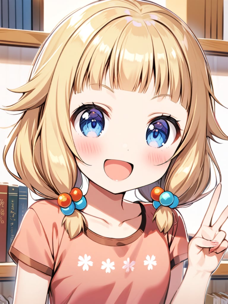 sakura nene, 1girl, looking at viewer, blush, smile, short hair, open mouth, bangs, blue eyes, blonde hair, brown hair, shirt, hair ornament, twintails, , collarbone, :d, blunt bangs, book, v, hair bobbles