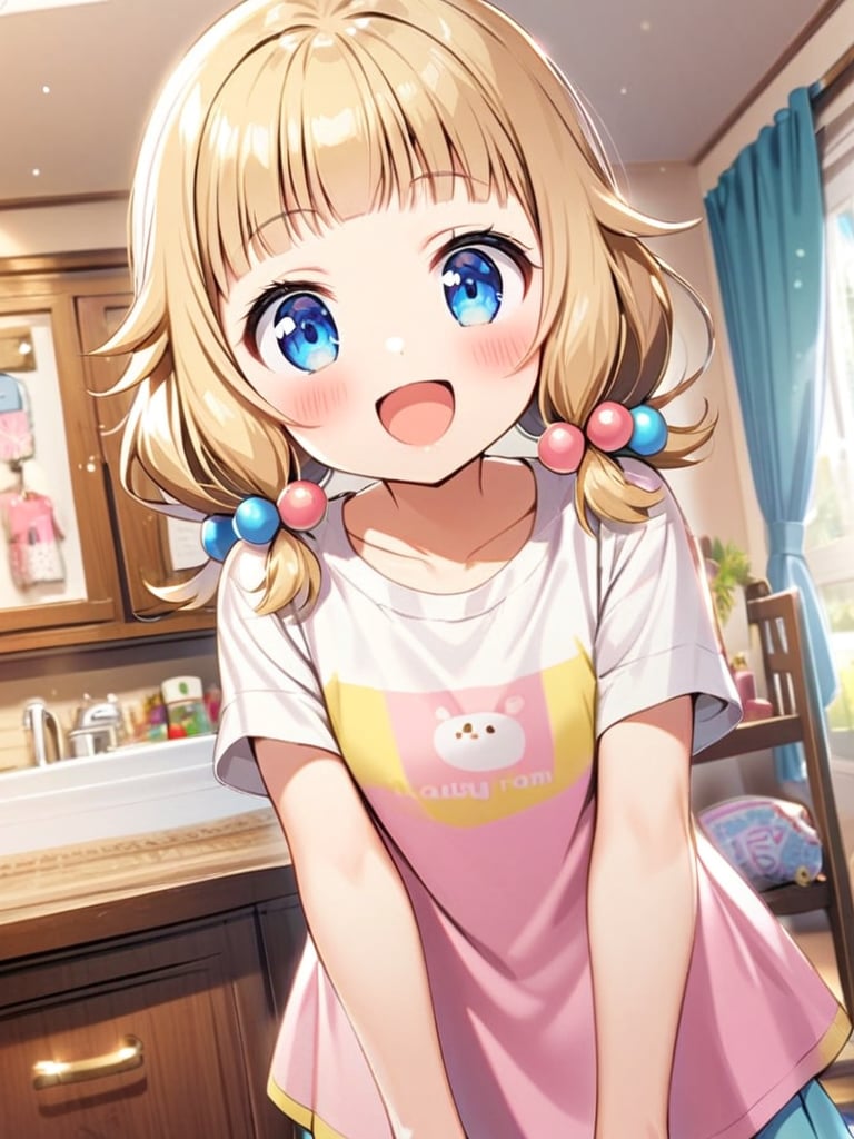 sakura nene, 1girl, looking at viewer, blush, smile, short hair, open mouth, ((bangs)), blue eyes, blonde hair, brown hair, shirt, hair ornament, twintails, , collarbone, :d, blunt bangs,  hair bobbles , in girl's room, fancy items,