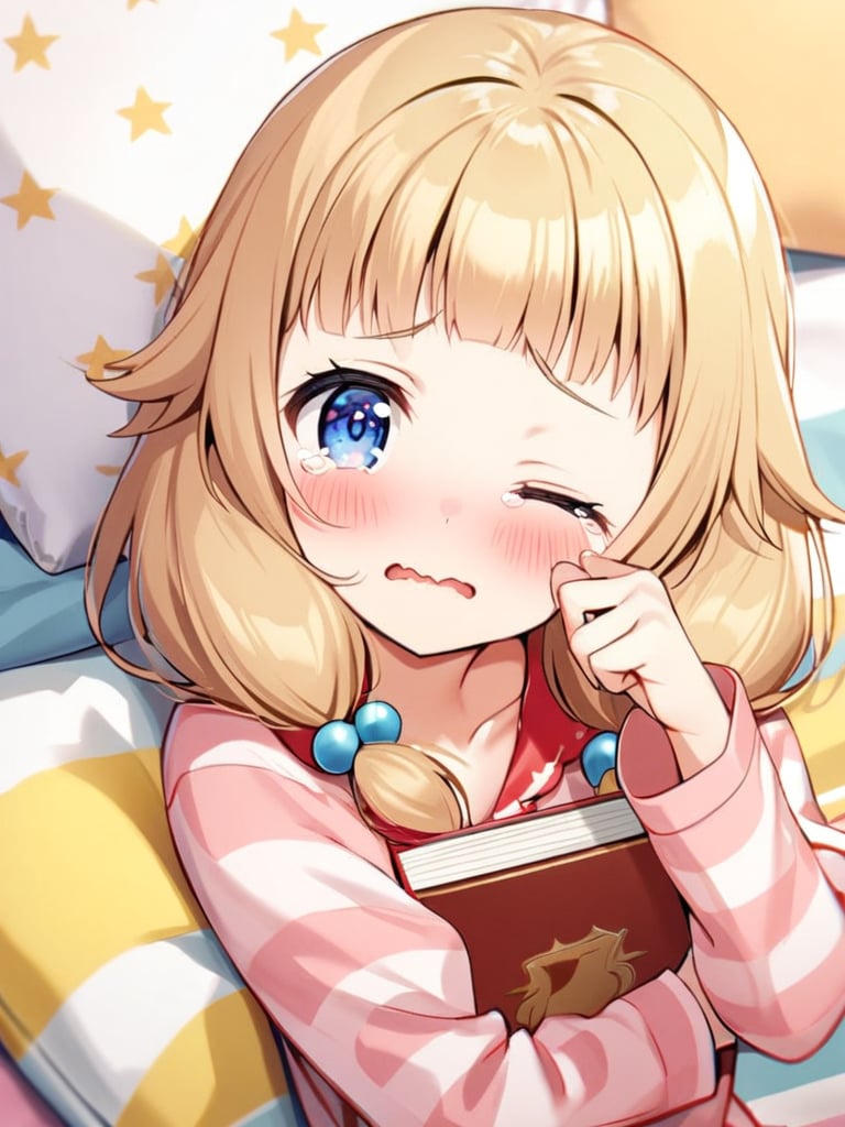 1girl, sakura nene, solo, looking at viewer, blush, blue eyes, blonde hair, hair ornament, twintails, one eye closed, striped, tears, star \(symbol\), pillow, book, wavy mouth, hair bobbles, pajamas, star print, rubbing eyes