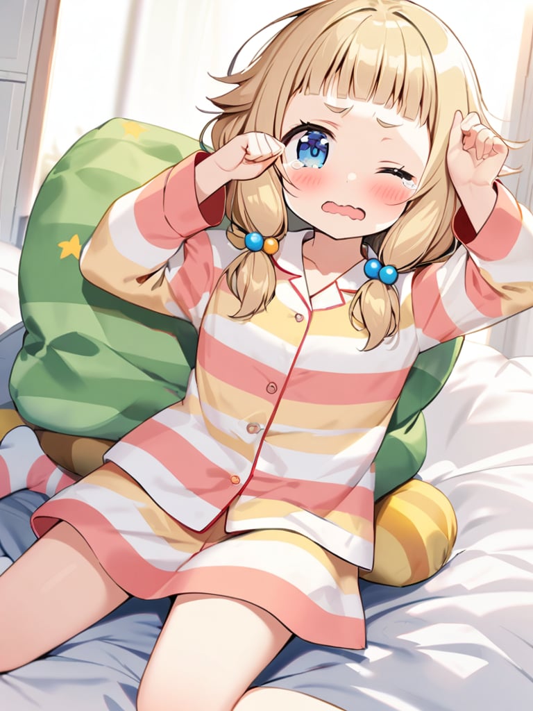 1girl, sakura nene, solo, looking at viewer, blush, blue eyes, blonde hair, (((bangs))), hair ornament, twintails, one eye closed, striped, [[tears]], star \(symbol\), pillow,  ((wavy mouth)), hair bobbles, pajamas, star print, rubbing eyes,

just after waking up, arms up high, full body, Clothes turn up,
on the bed, M-shaped sitting, arched back,
