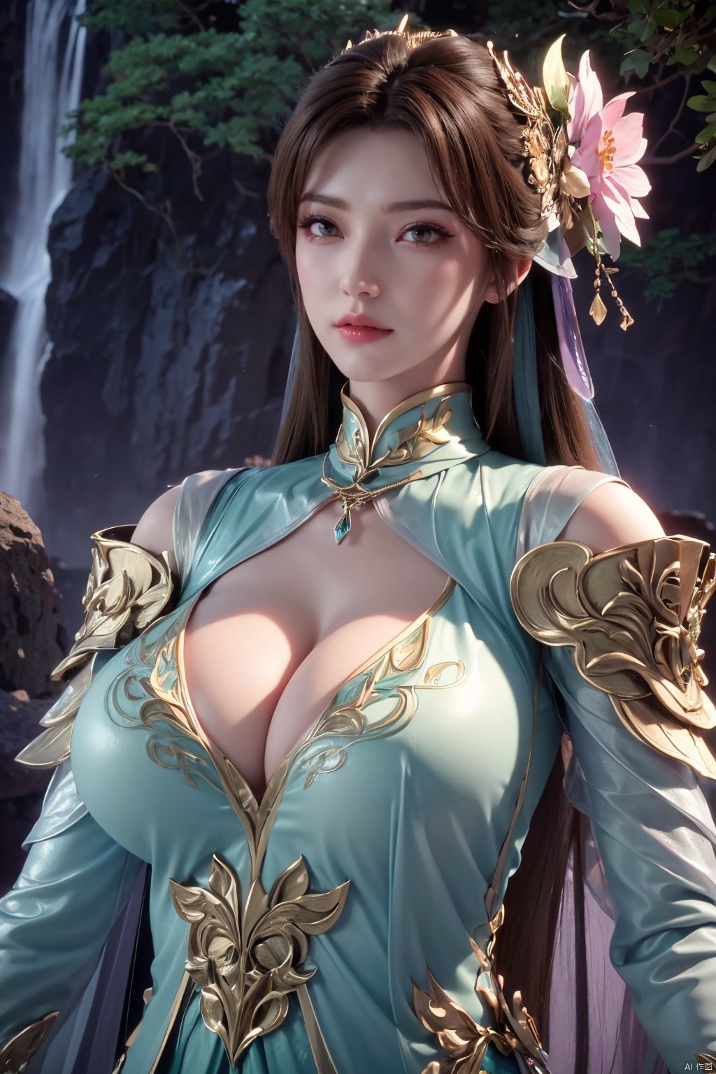 masterpiece,best quality,official art,extremely detailed CG unity 8k wallpaper,1girl, upper body, purple hair, light rays, light particles, waterfall, tree, clover,,(big breasts:1.39),  ,Xfengqinger,Xxiyouqin,Xliushen,X-Hydrangea