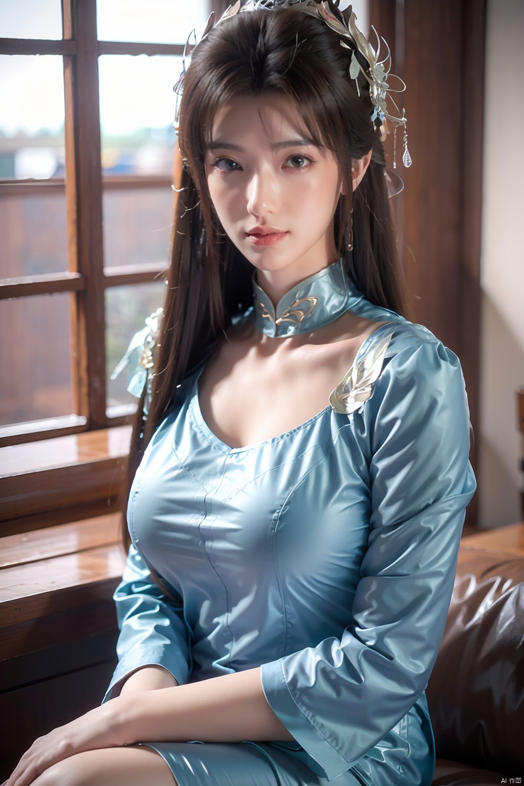 1girl, solo, long hair, black hair, hair ornament, long sleeves, dress, sitting, indoors, blue sky, window,Xxiyouqin,(big breasts:1.23),Xliushen,Xyunxi,Xhuolinger,Xyupopo,Xtianxiwei,depth of field,moyou