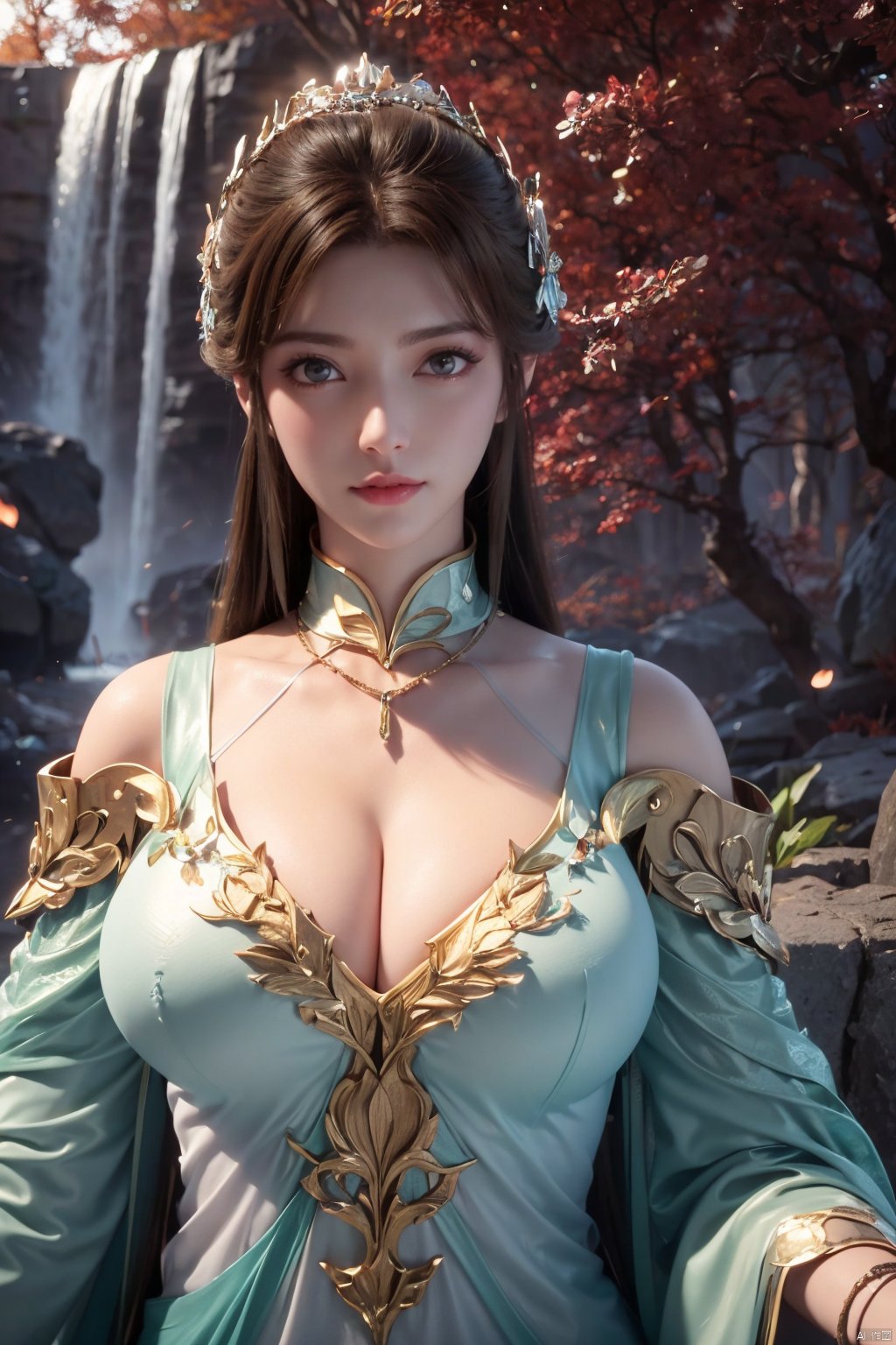 masterpiece,best quality,official art,extremely detailed CG unity 8k wallpaper,1girl, upper body, purple hair, light rays, light particles, waterfall, tree, clover,,(big breasts:1.39),  ,Xfengqinger,Xxiyouqin,Xliushen,X-Hydrangea