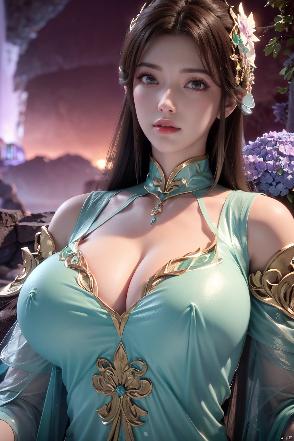 masterpiece,best quality,official art,extremely detailed CG unity 8k wallpaper,1girl, upper body, purple hair, light rays, light particles, waterfall, tree, clover,,(big breasts:1.39),  ,Xfengqinger,Xxiyouqin,Xliushen,X-Hydrangea,Hydrangea