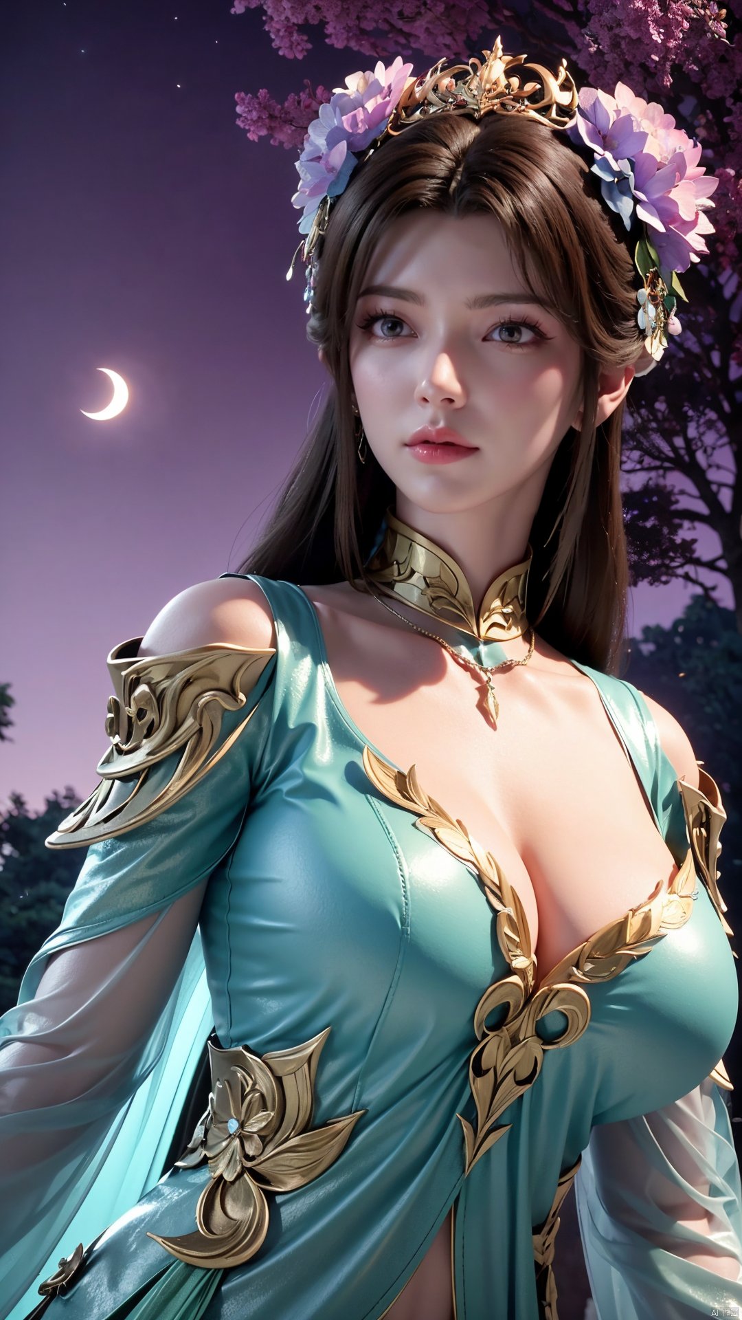 masterpiece,best quality,official art,extremely detailed CG unity 8k wallpaper,1girl, upper body, purple hair, light rays, light particles, waterfall, tree, clover,,(big breasts:1.39),  ,Xfengqinger,Xxiyouqin,Xliushen,X-Hydrangea,Hydrangea,full moon